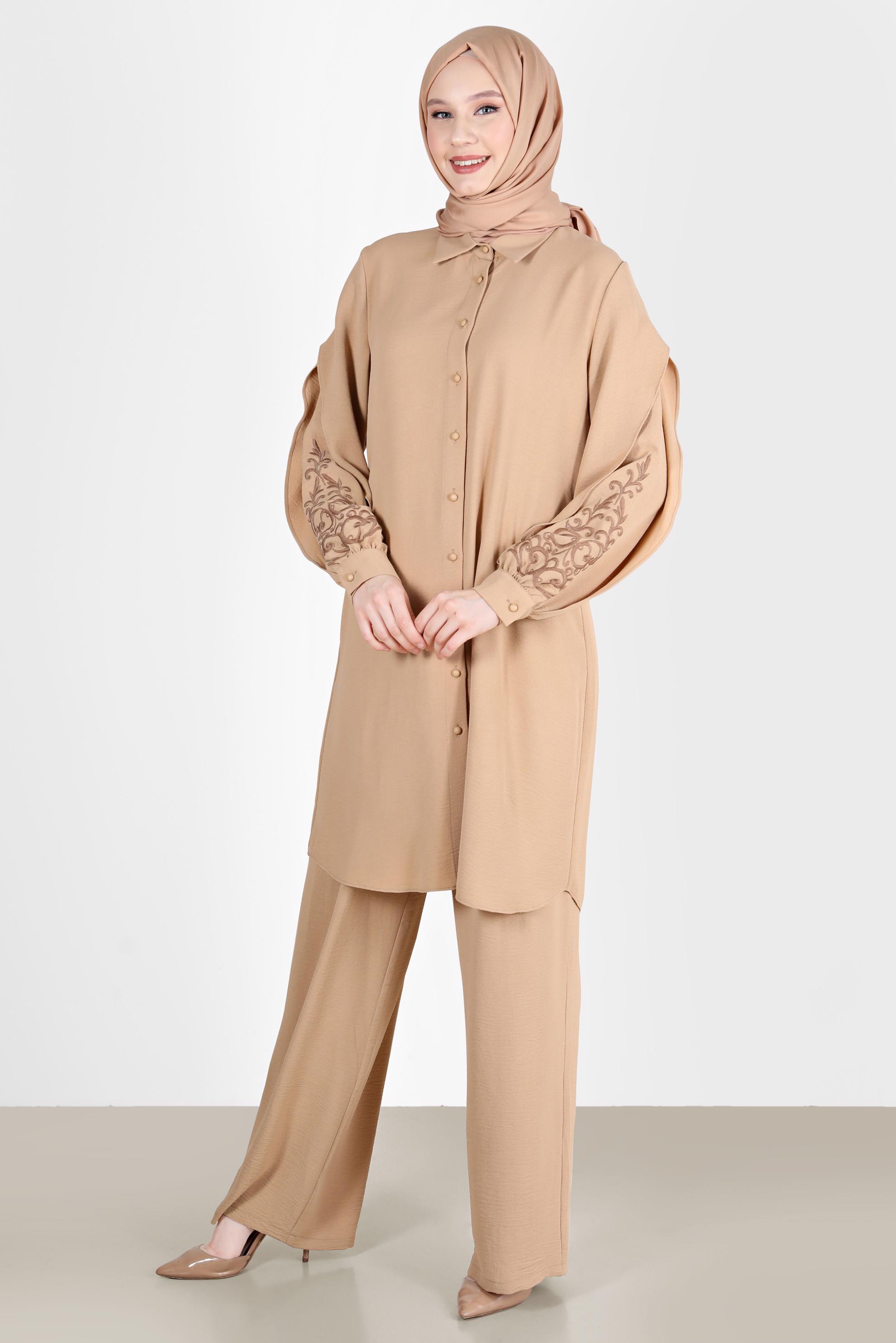 Hijab clothing BROWN EMBROIDERED FRILL DETAIL 2-PIECE PANTS SUIT 42608 