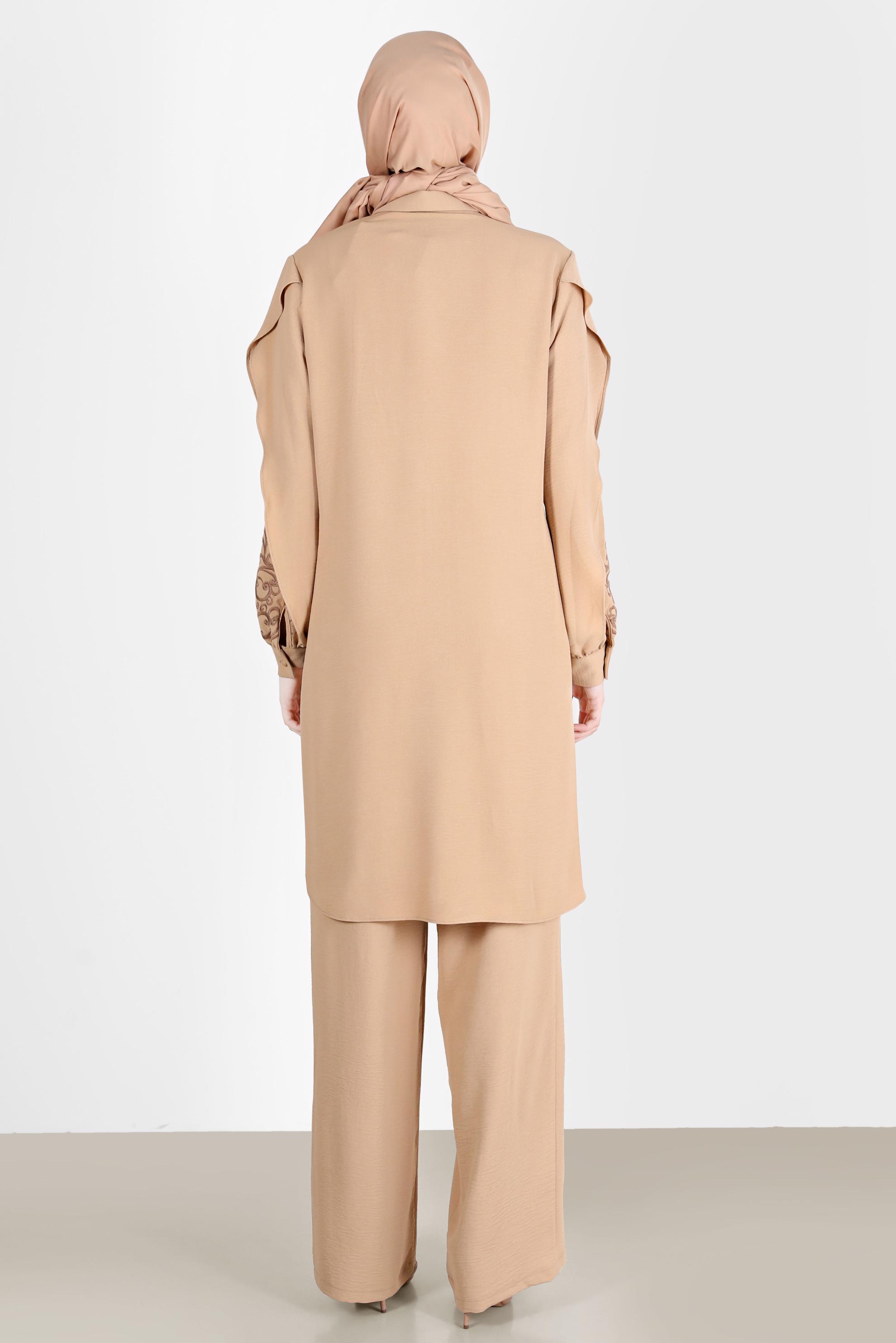 Hijab clothing BROWN EMBROIDERED FRILL DETAIL 2-PIECE PANTS SUIT 42608 