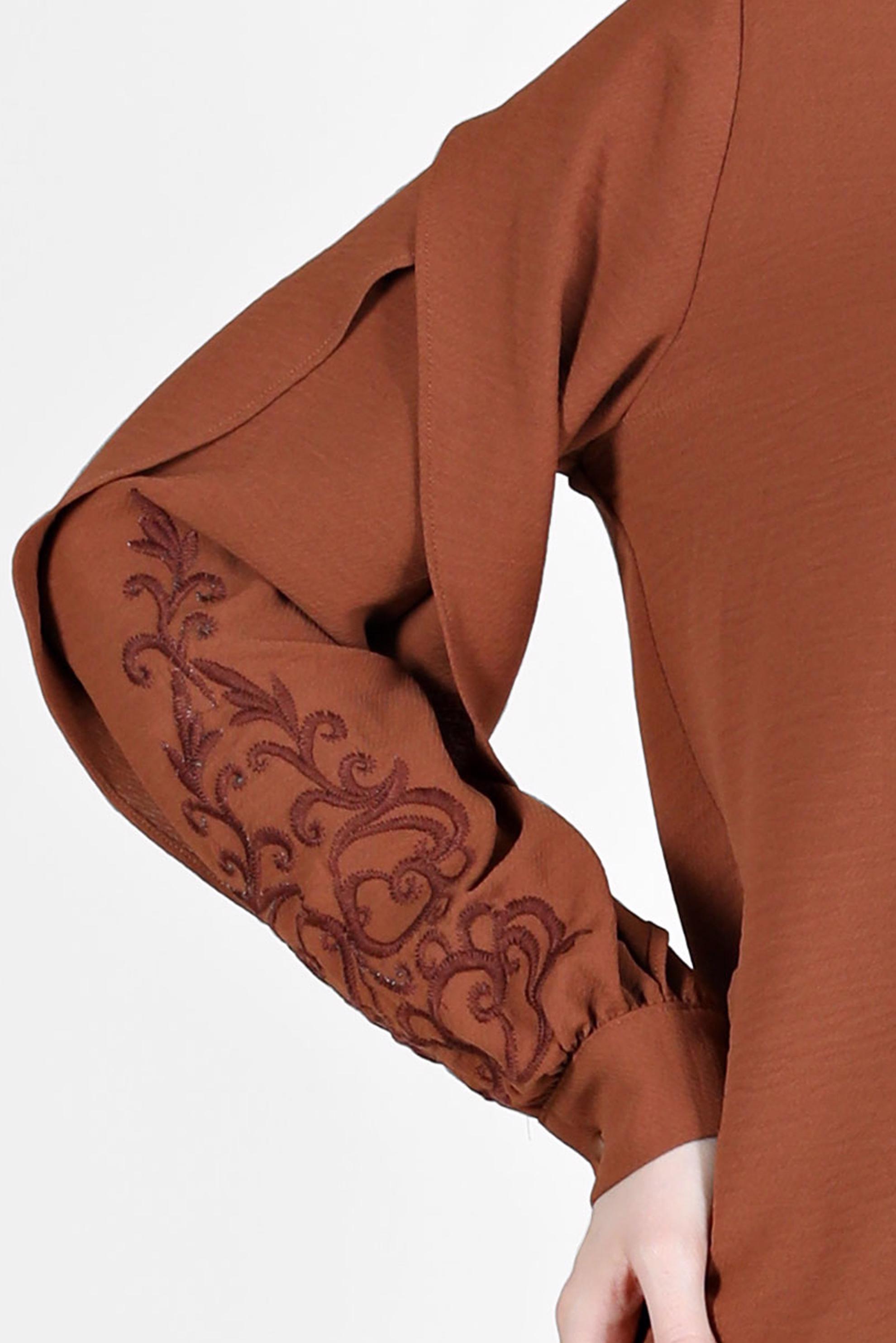 Tesettür giyim KAHVE KOLLARI NAKIŞLI VOLAN DETAYLI İKİLİ PANT. TAKIM 42608 