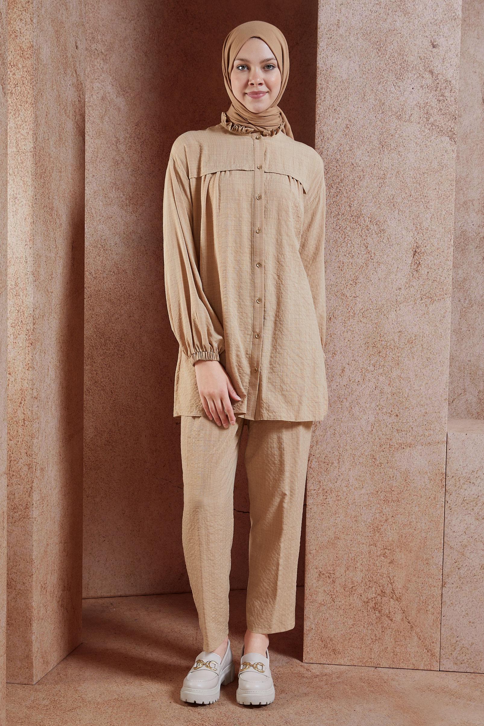 Tesettür giyim KAHVE PANTOLONLU TESETTÜR TAKIM 42642