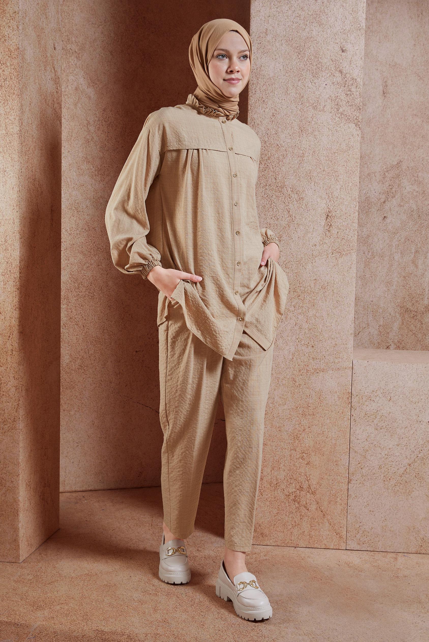 Tesettür giyim KAHVE PANTOLONLU TESETTÜR TAKIM 42642