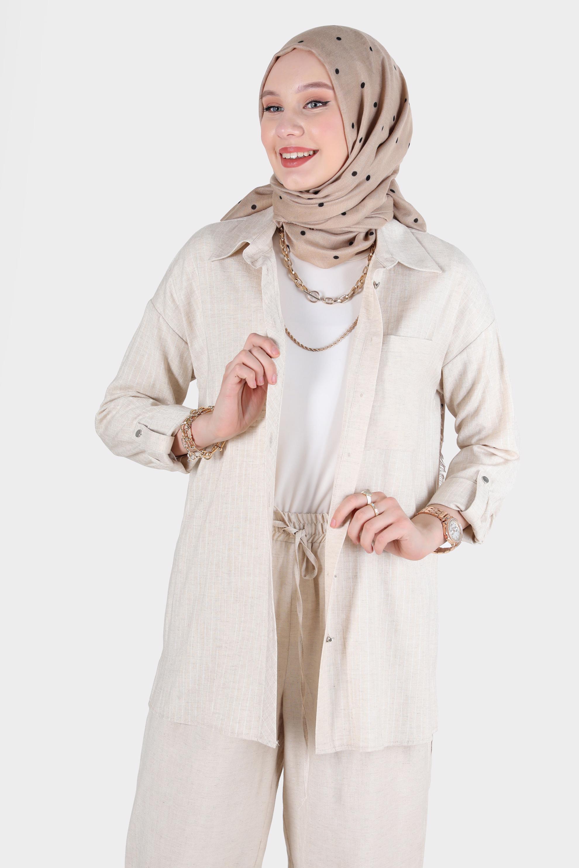 Hijab clothing BEIGE STRIPED 2-PIECE PANTS SUIT WITH POCKET 42687 