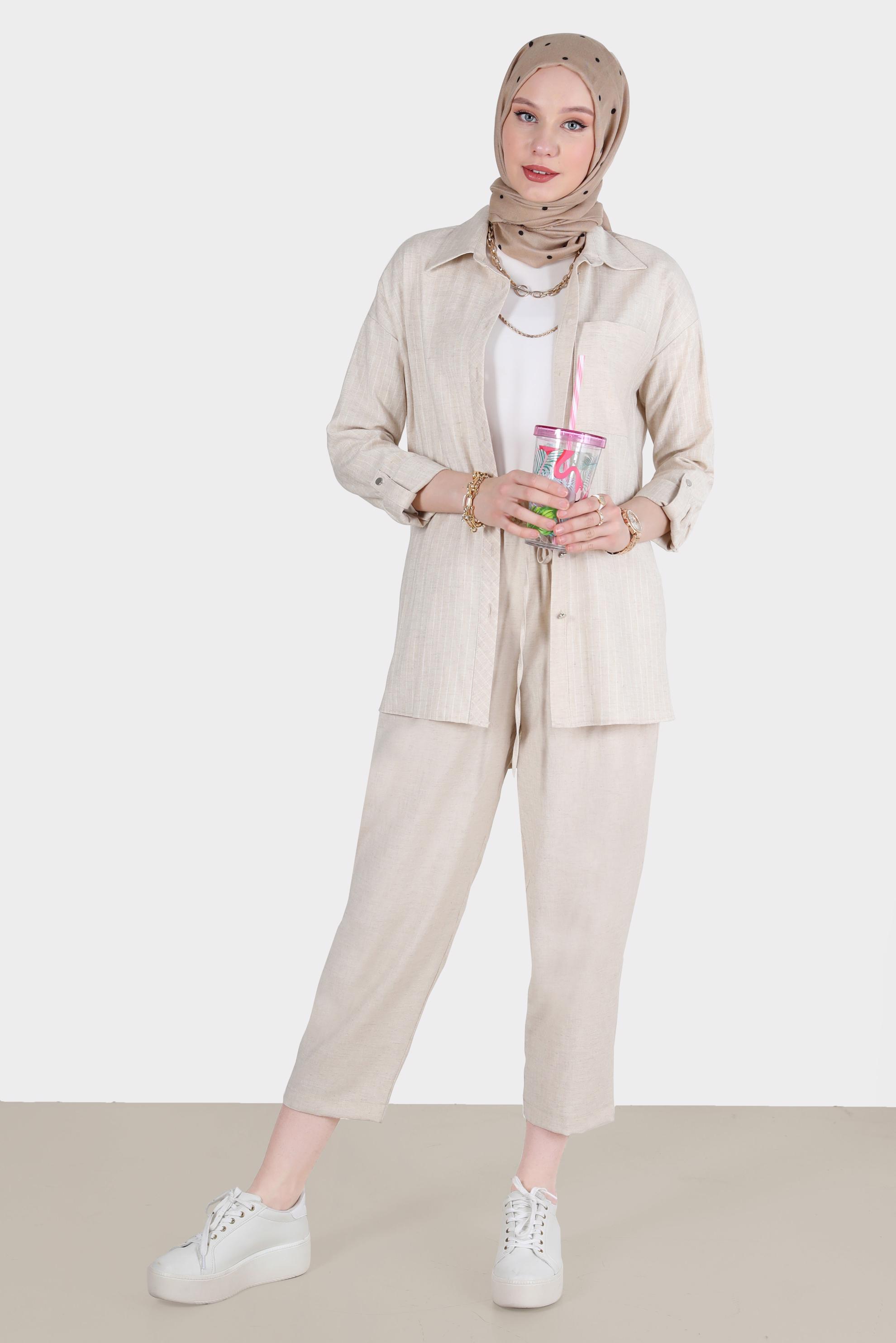 Hijab clothing BEIGE STRIPED 2-PIECE PANTS SUIT WITH POCKET 42687 