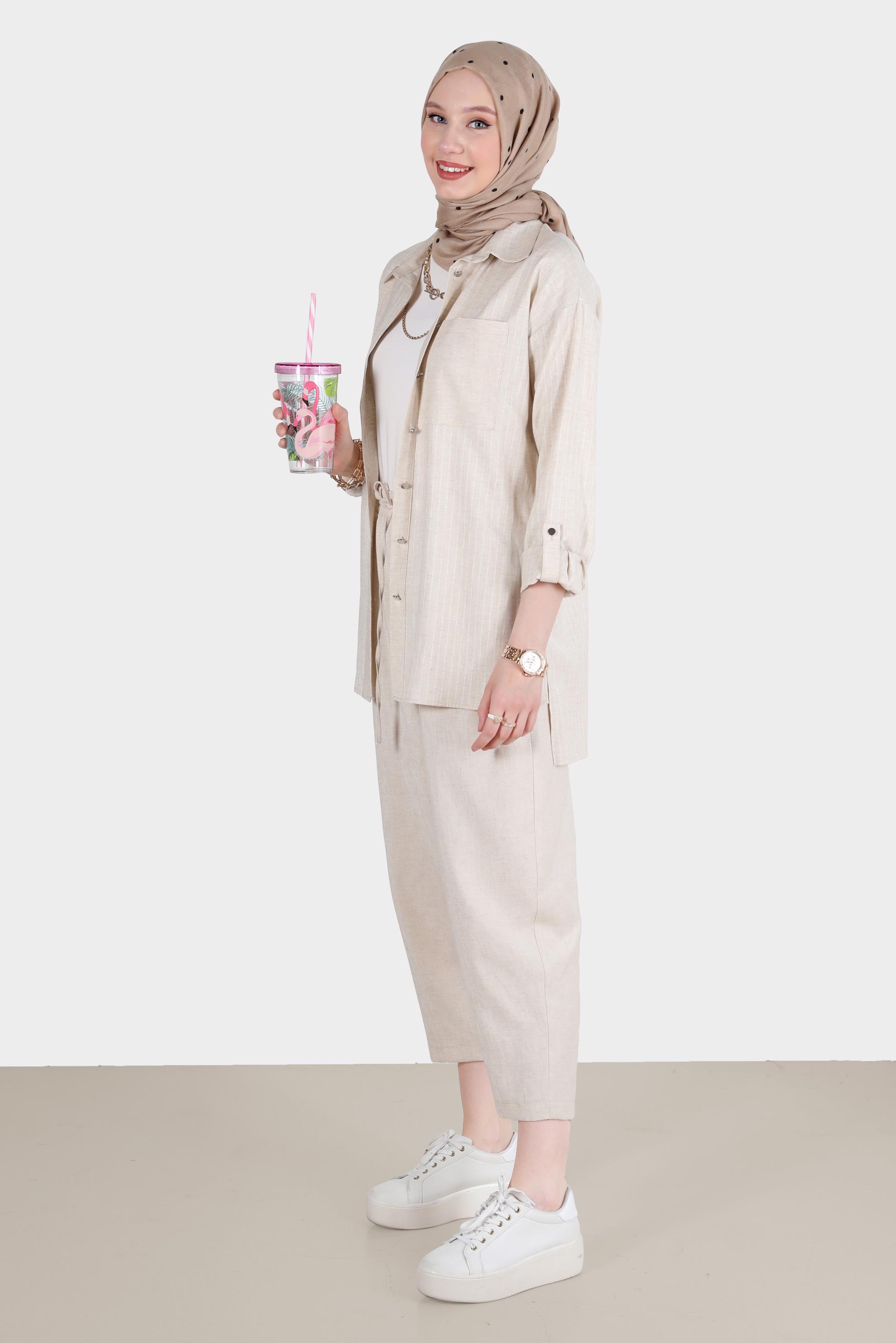 Hijab clothing BEIGE STRIPED 2-PIECE PANTS SUIT WITH POCKET 42687 