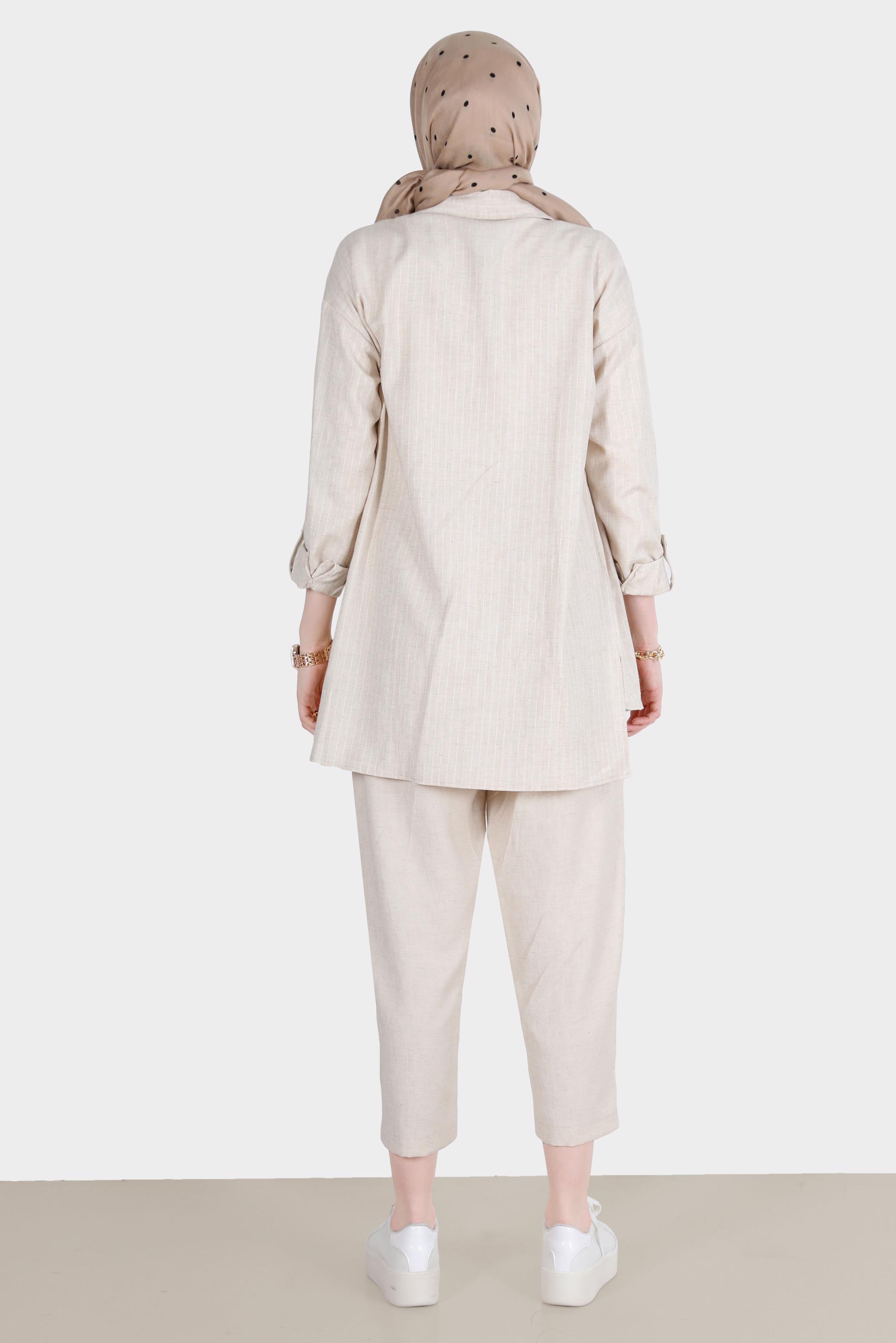 Hijab clothing BEIGE STRIPED 2-PIECE PANTS SUIT WITH POCKET 42687 