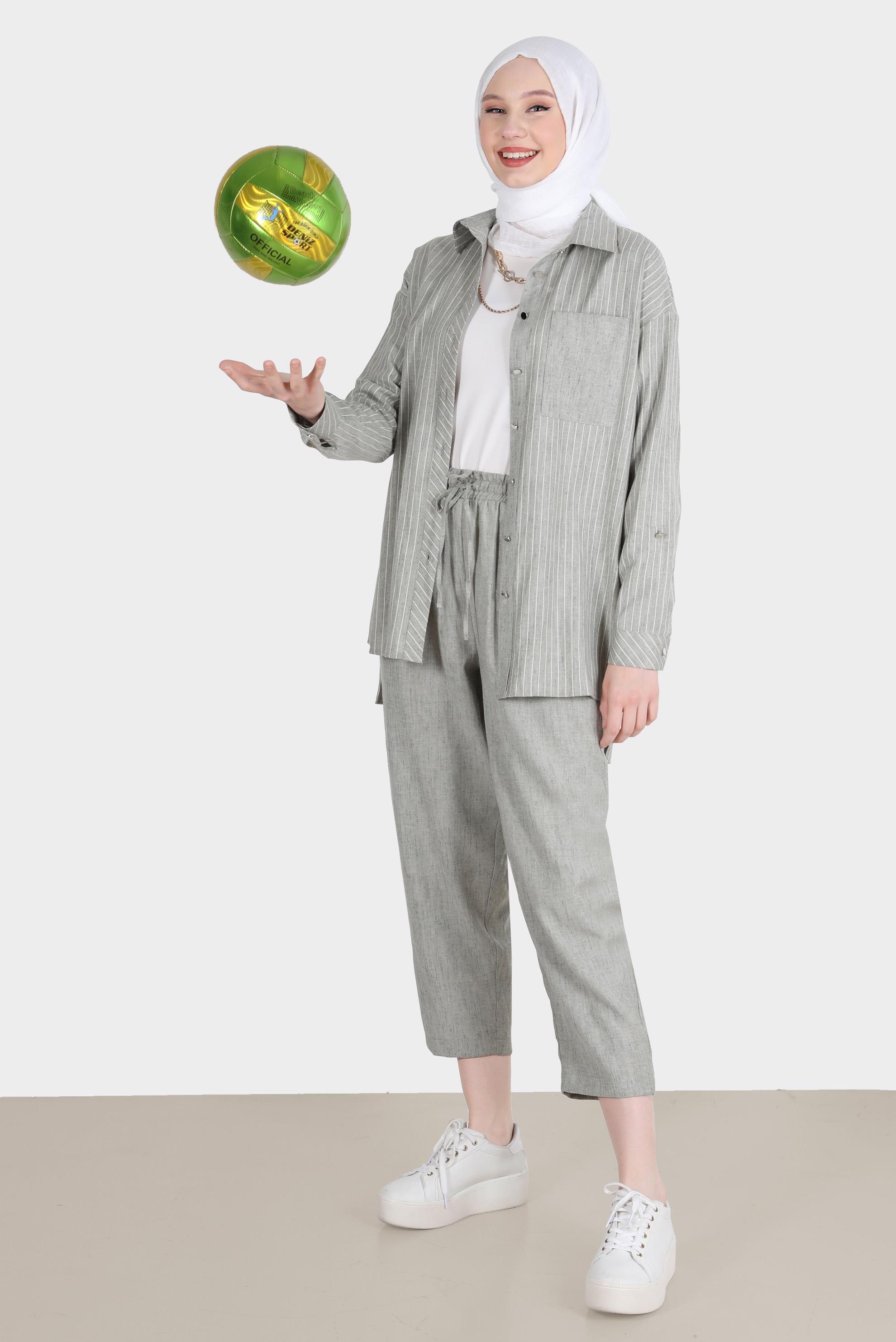 Tesettür giyim HAKİ ŞERİTLİ CEPLİ İKİLİ PANT. TAKIM 42687 