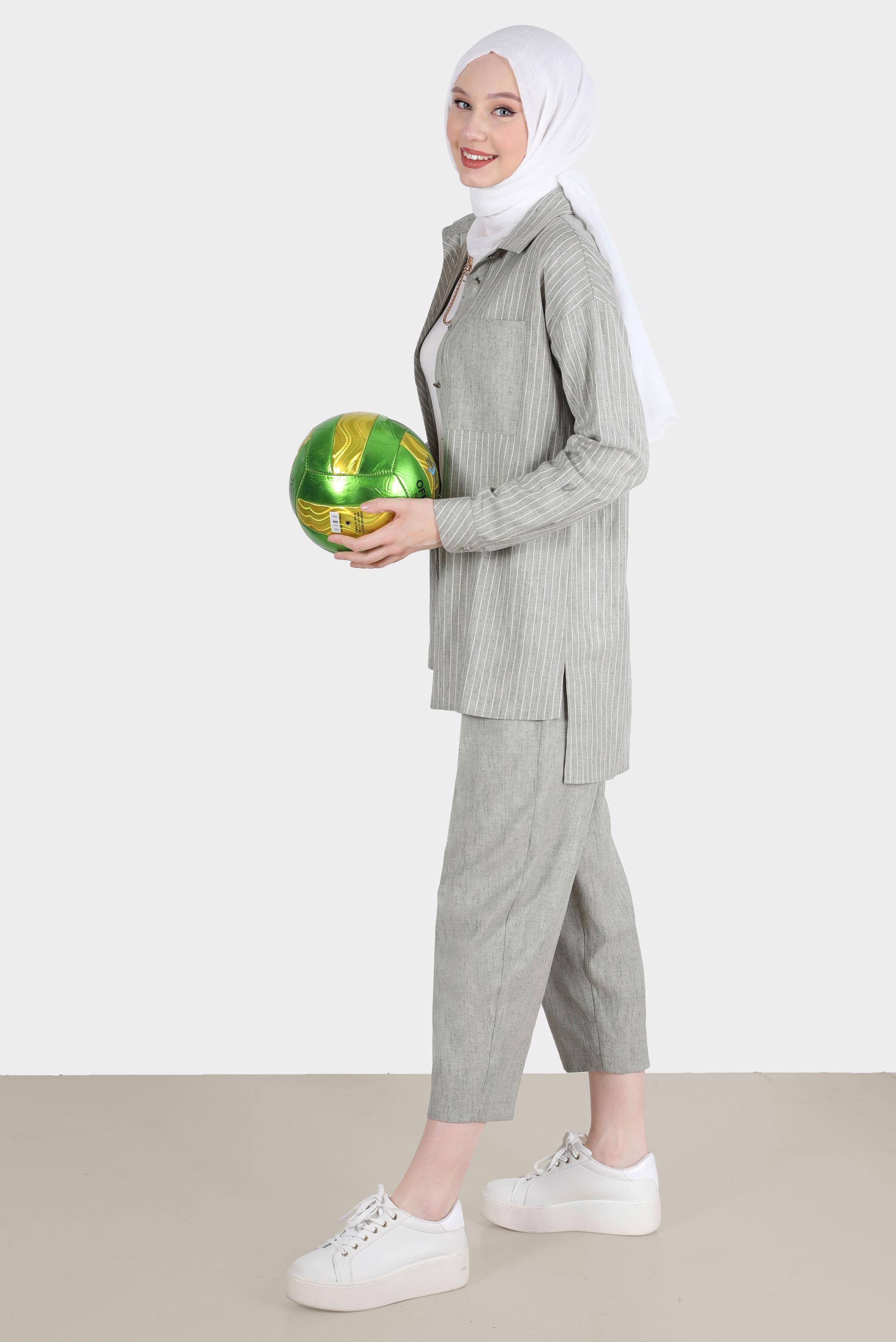 Tesettür giyim HAKİ ŞERİTLİ CEPLİ İKİLİ PANT. TAKIM 42687 