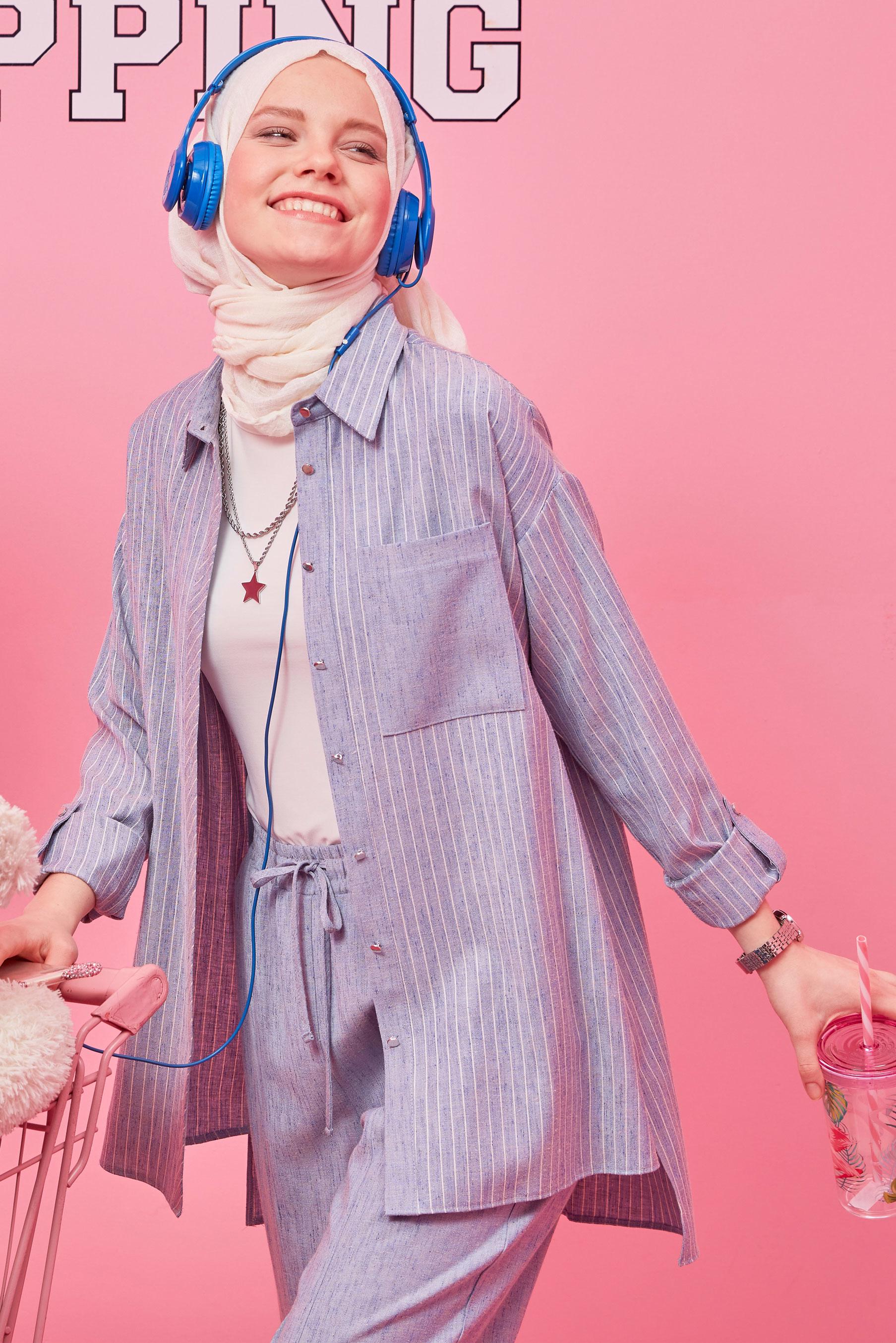 Tesettür giyim LACİVERT ŞERİTLİ CEPLİ İKİLİ PANT. TAKIM 42687 