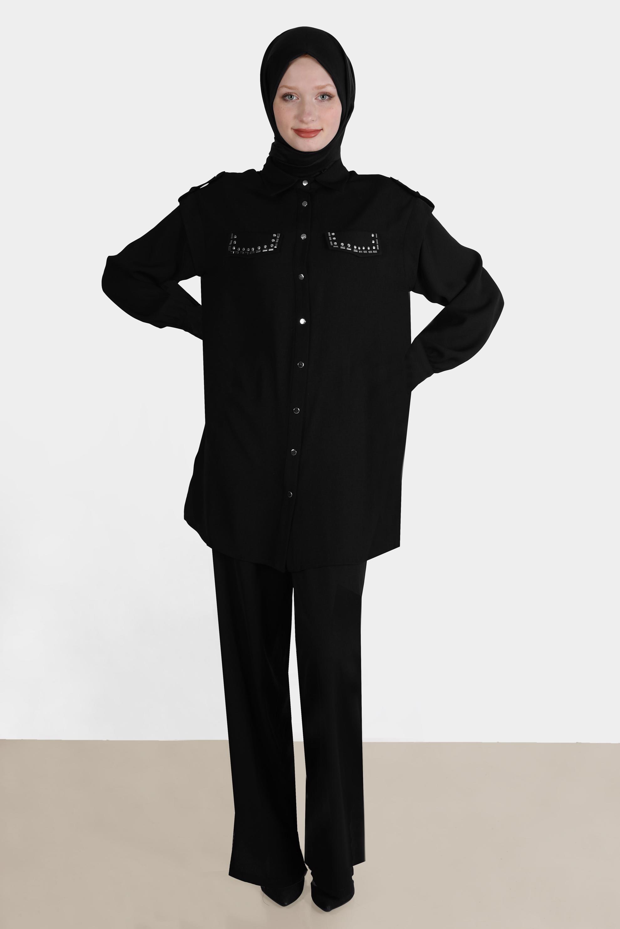 Tesettür giyim SİYAH ZIMBA DETAYLI İKİLİ PANT. TAKIM 42690 