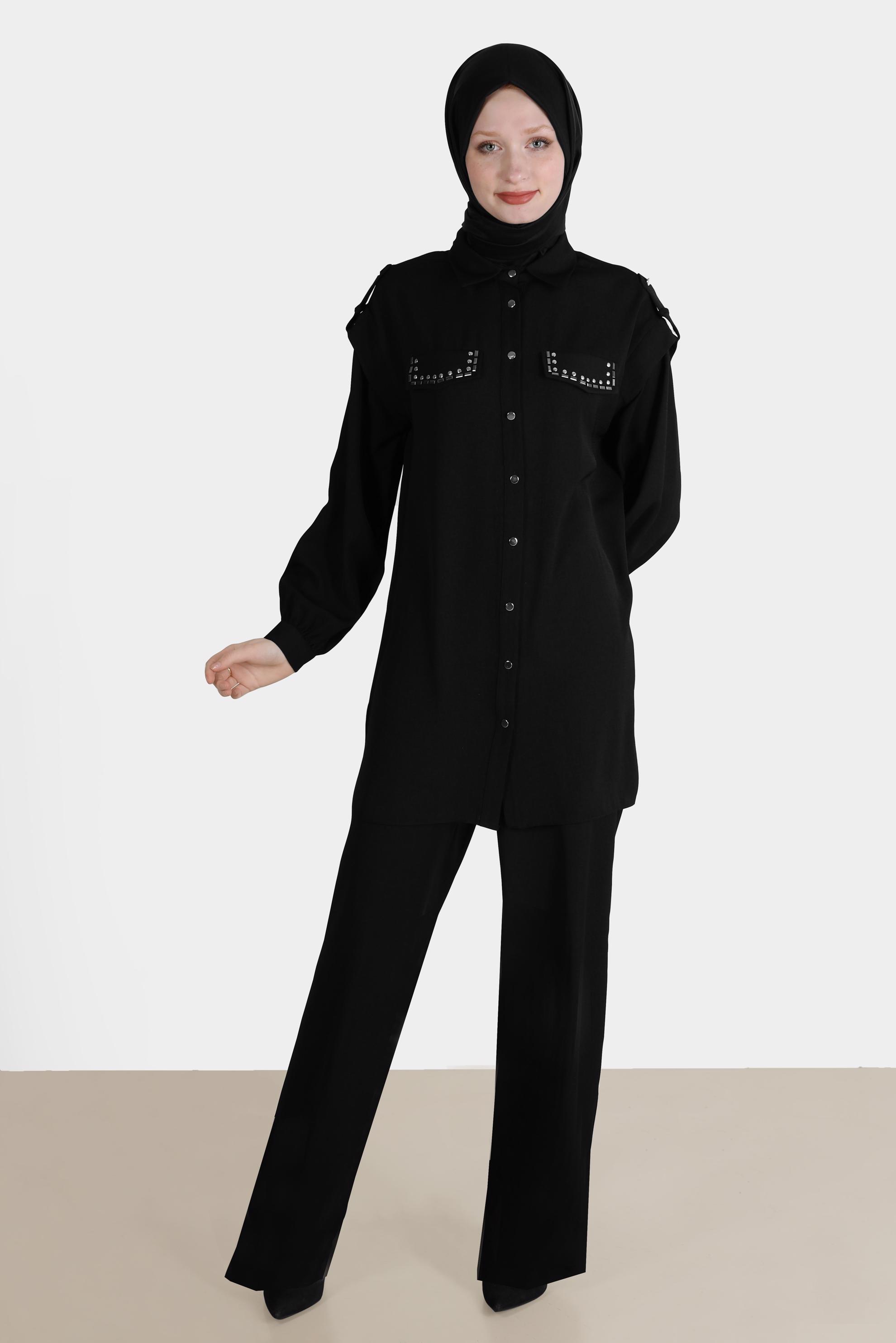 Tesettür giyim SİYAH ZIMBA DETAYLI İKİLİ PANT. TAKIM 42690 