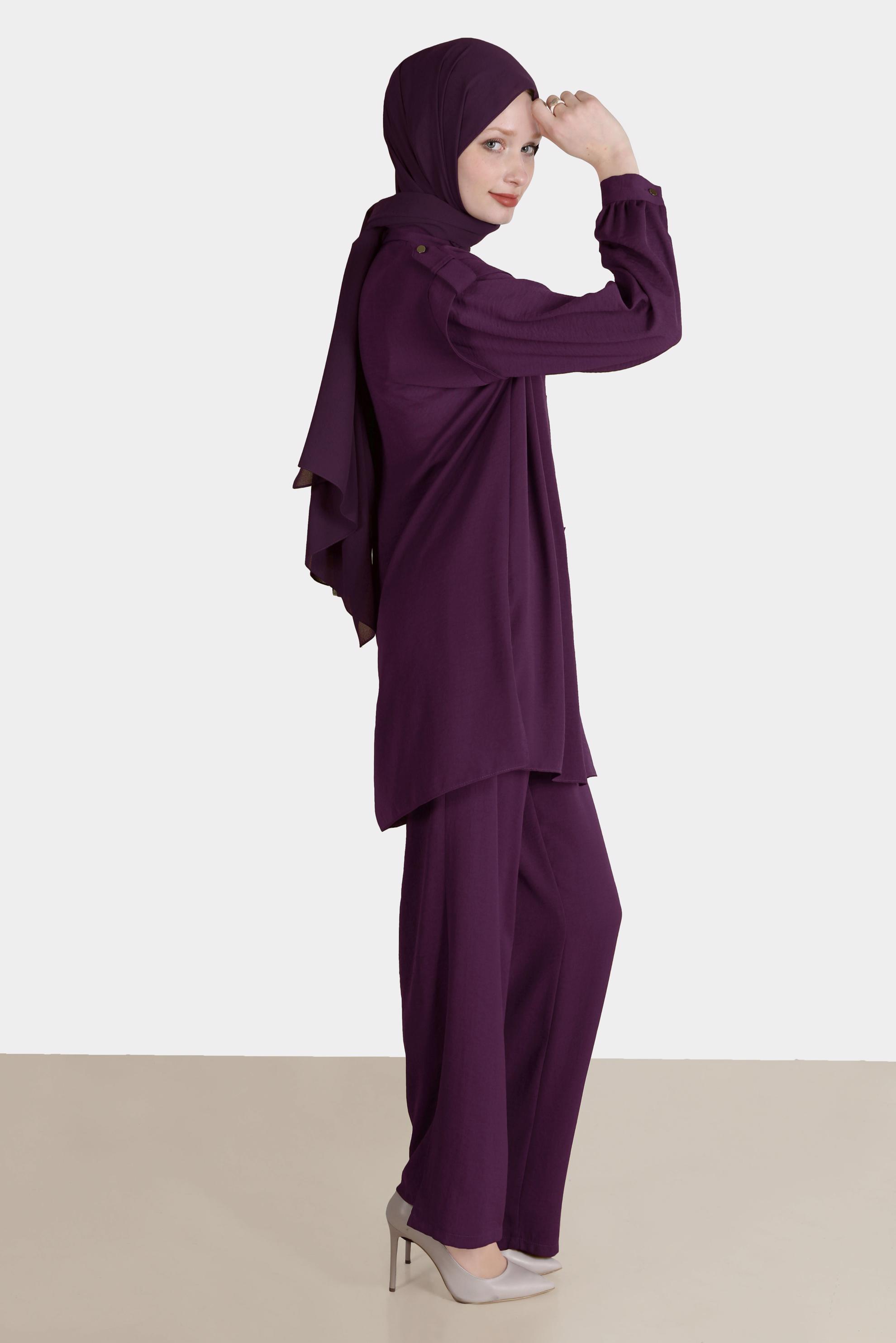 Tesettür giyim MOR ZIMBA DETAYLI İKİLİ PANT. TAKIM 42690 