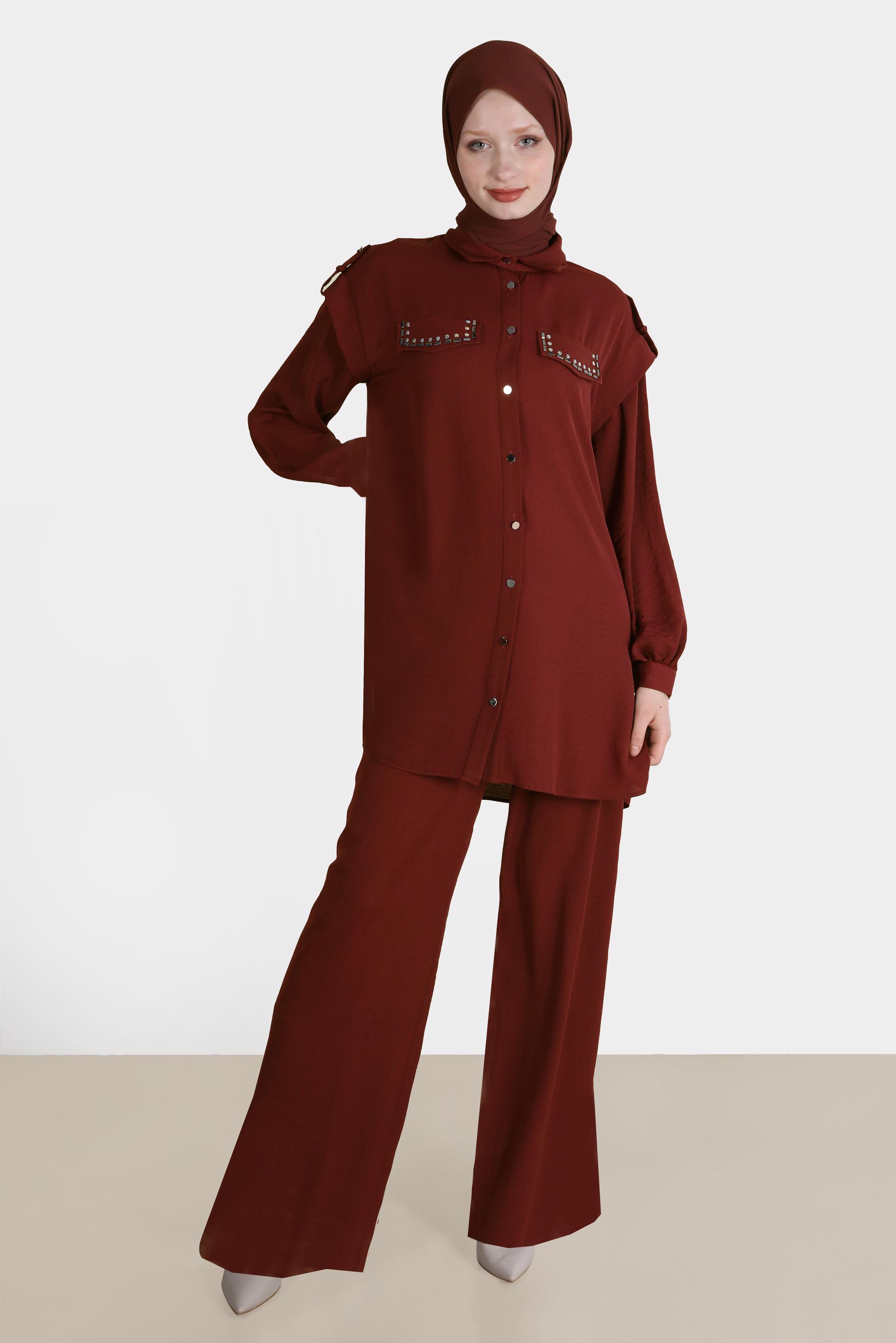 Tesettür giyim TURUNCU ZIMBA DETAYLI İKİLİ PANT. TAKIM 42690 