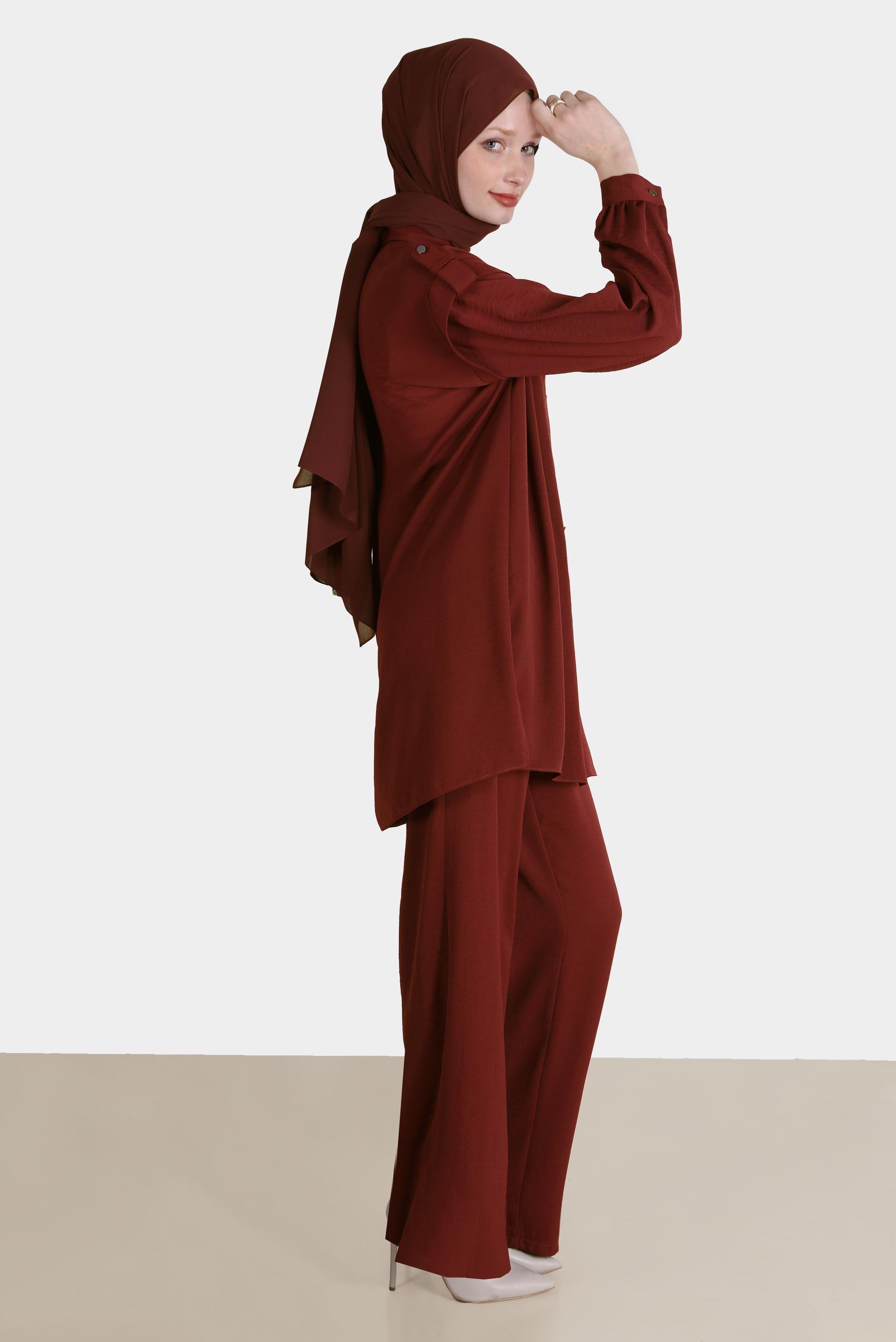 Tesettür giyim TURUNCU ZIMBA DETAYLI İKİLİ PANT. TAKIM 42690 