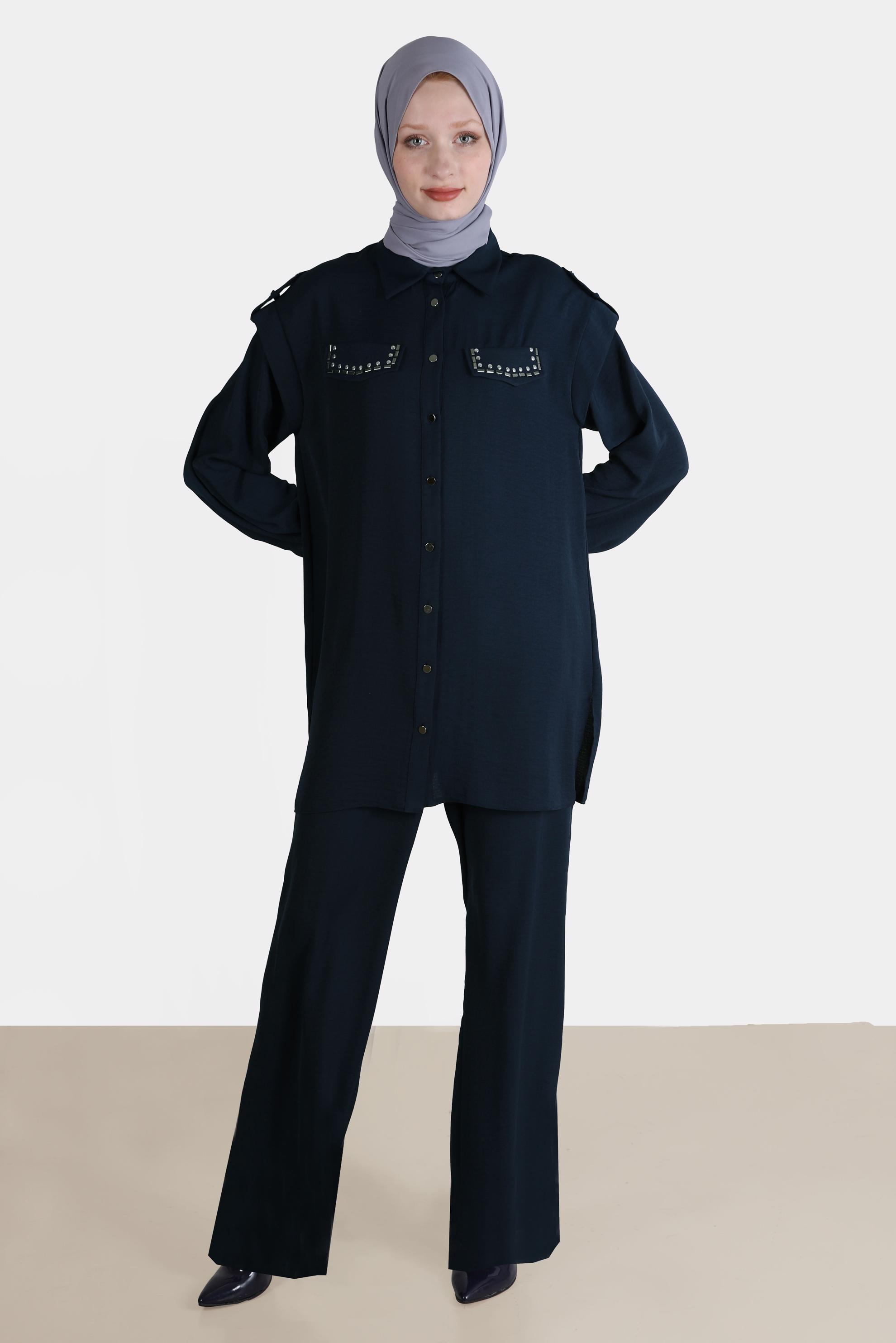 Tesettür giyim LACİVERT ZIMBA DETAYLI İKİLİ PANT. TAKIM 42690 