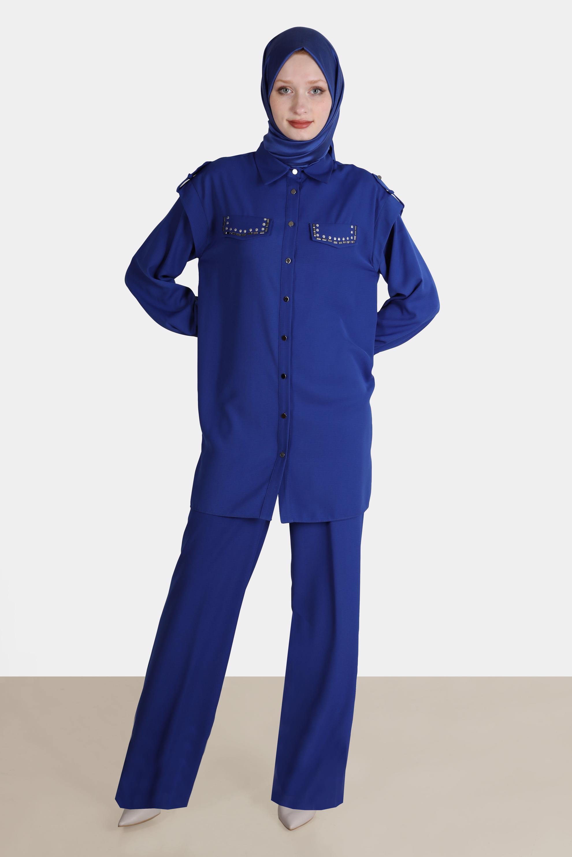 Tesettür giyim LACİVERT ZIMBA DETAYLI İKİLİ PANT. TAKIM 42690 