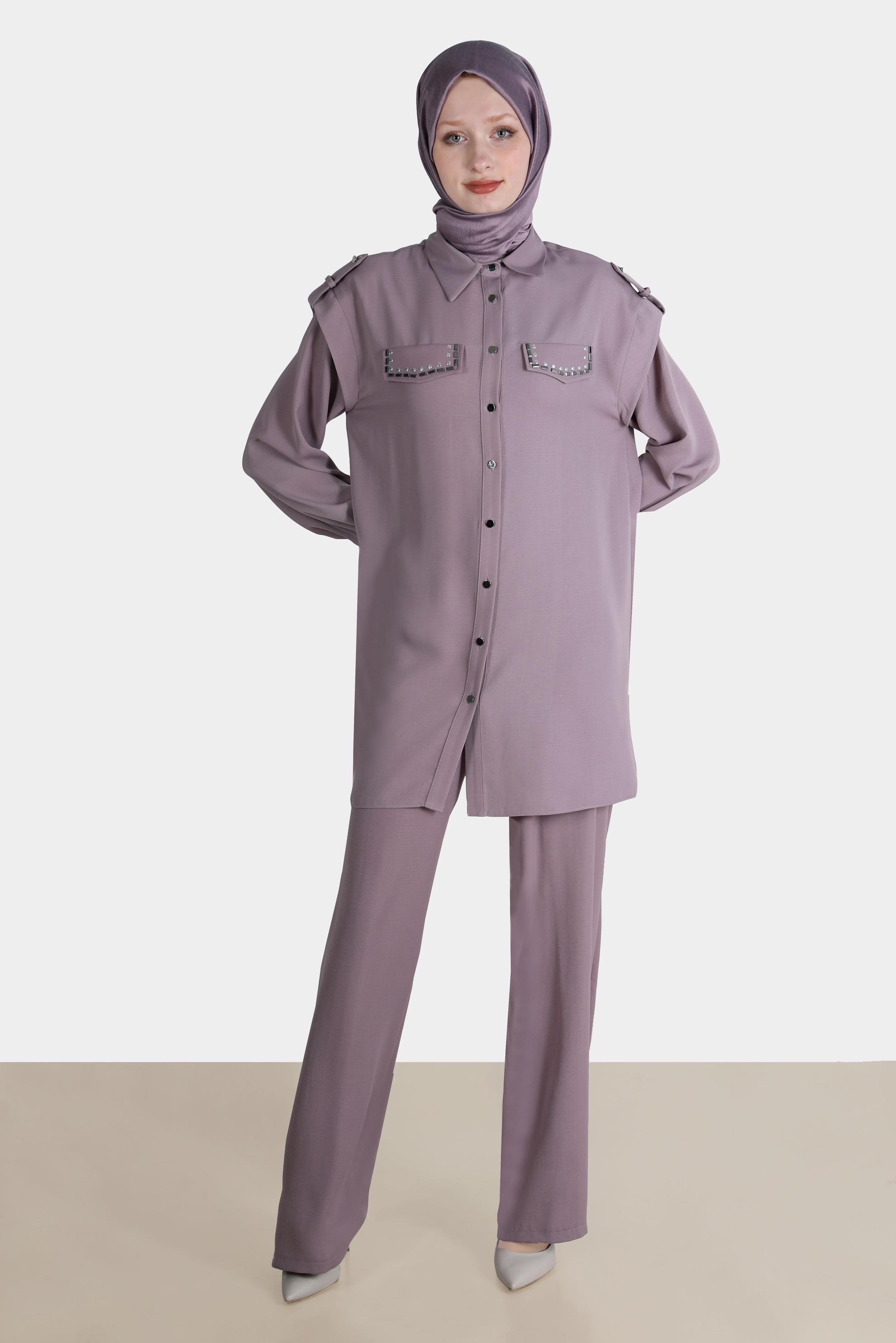 Tesettür giyim MÜRDÜM ZIMBA DETAYLI İKİLİ PANT. TAKIM 42690 