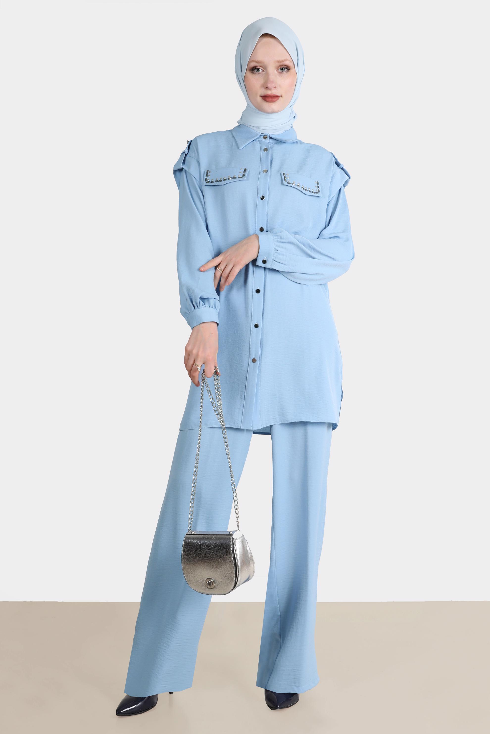 Tesettür giyim MAVİ ZIMBA DETAYLI İKİLİ PANT. TAKIM 42690 