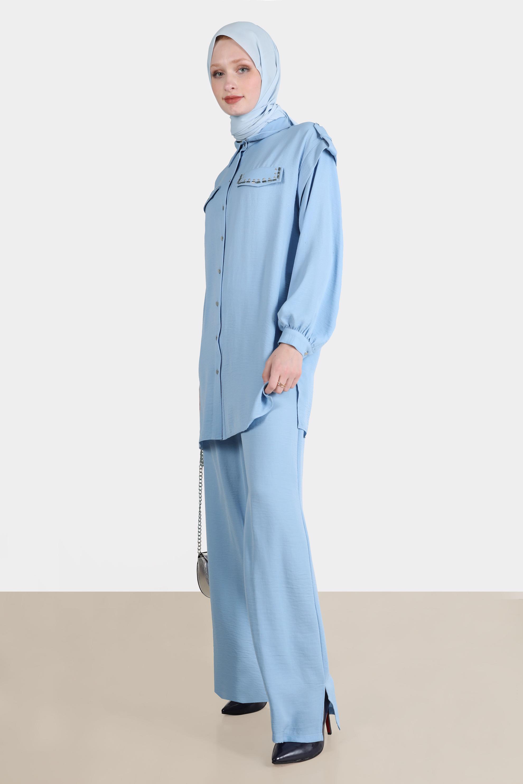 Tesettür giyim MAVİ ZIMBA DETAYLI İKİLİ PANT. TAKIM 42690 