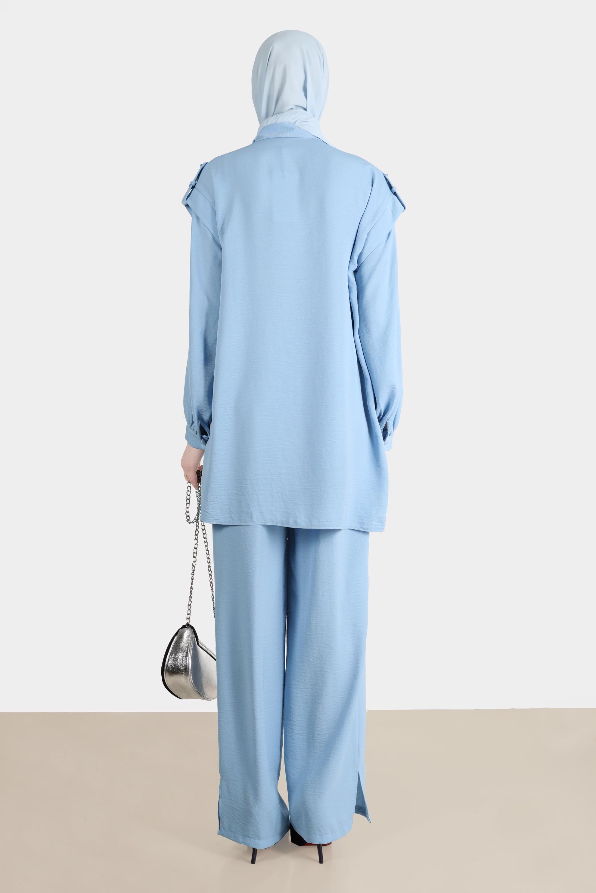 Tesettür giyim MAVİ ZIMBA DETAYLI İKİLİ PANT. TAKIM 42690 