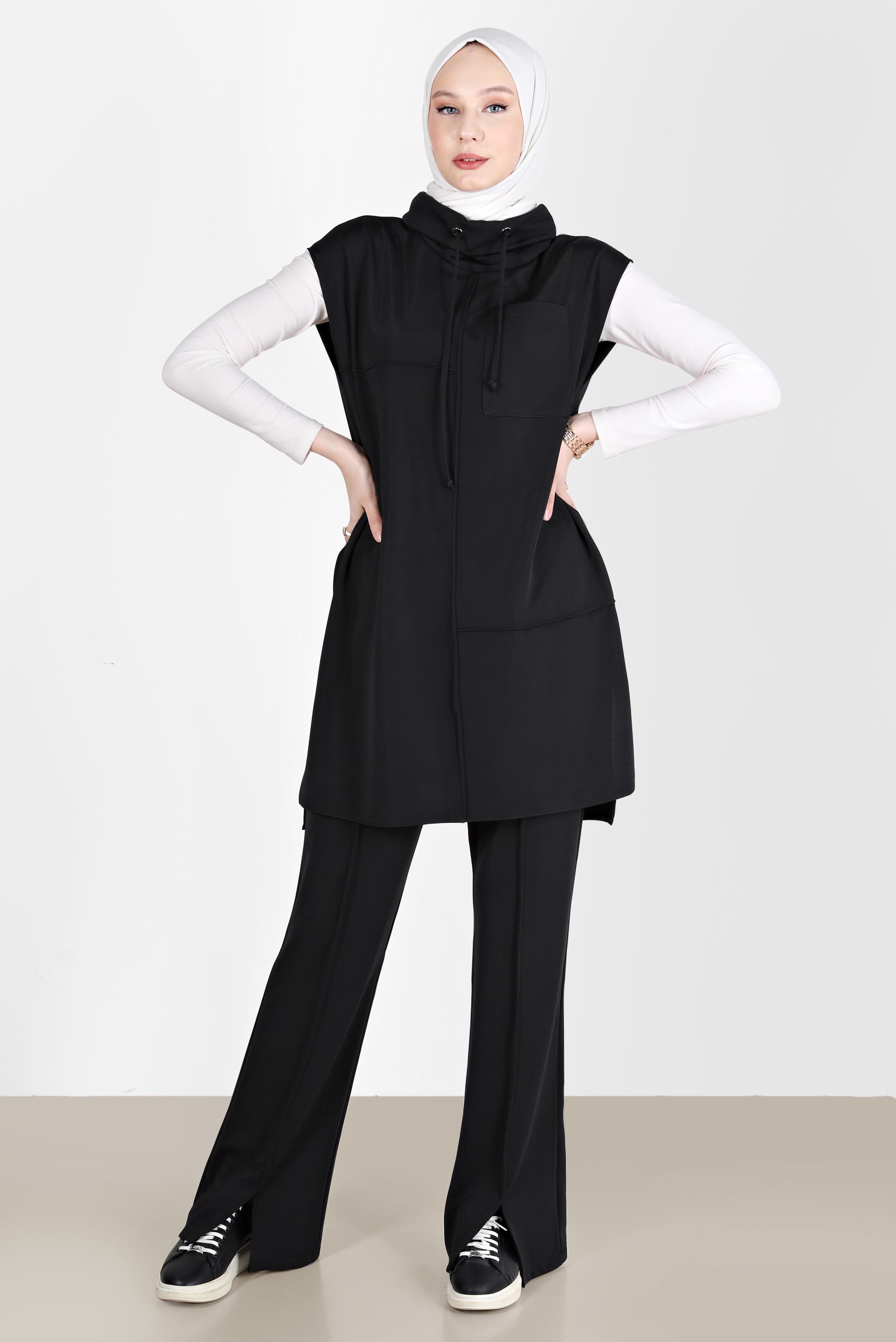 Hijab clothing BLACK SLIT DETAIL 2-PIECE PANTS SUIT 42706 