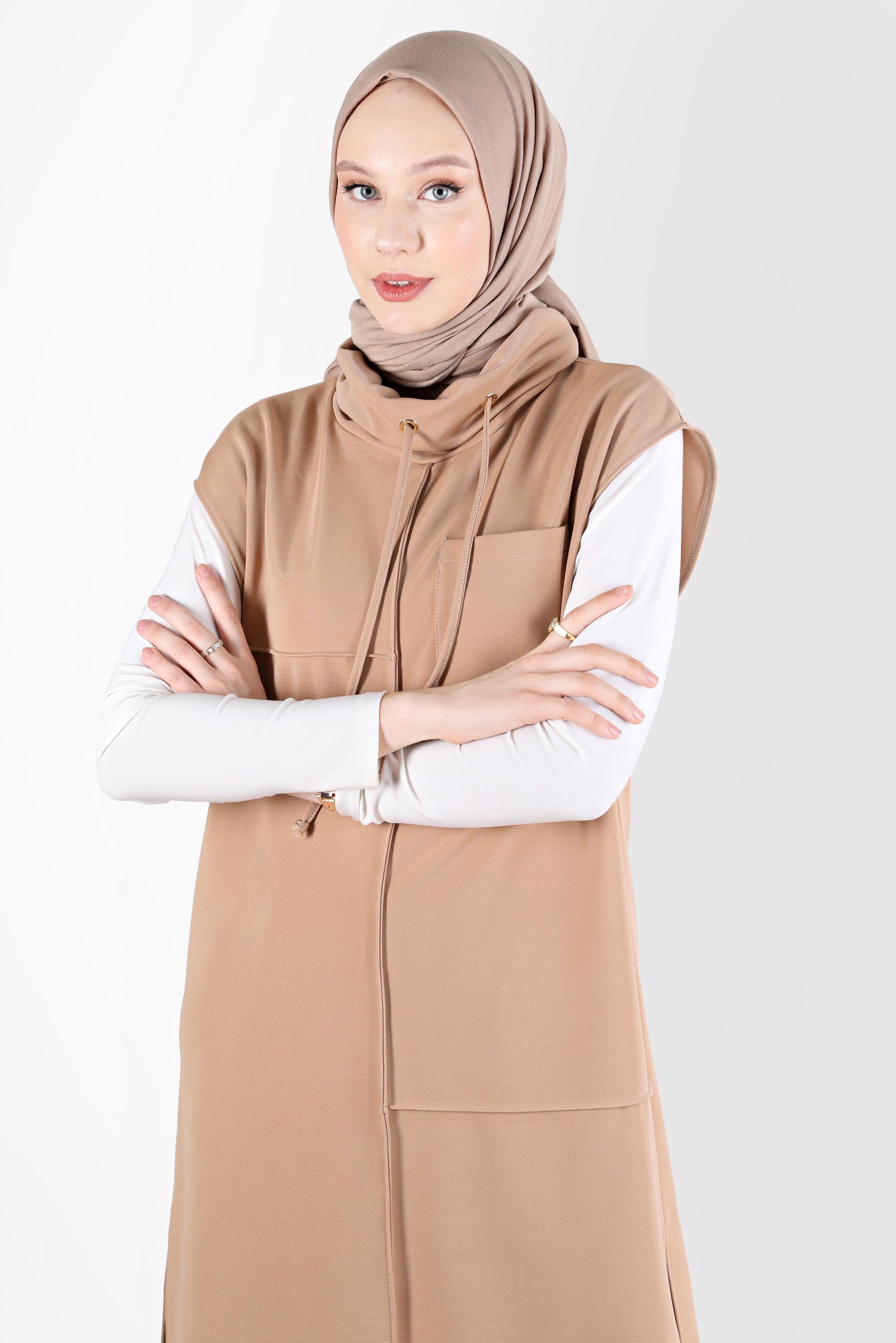 Tesettür giyim KAHVE DÖKÜMLÜ YAKA YIRTMAÇ DETAYLI İKİLİ PANT. TAKIM 42706	