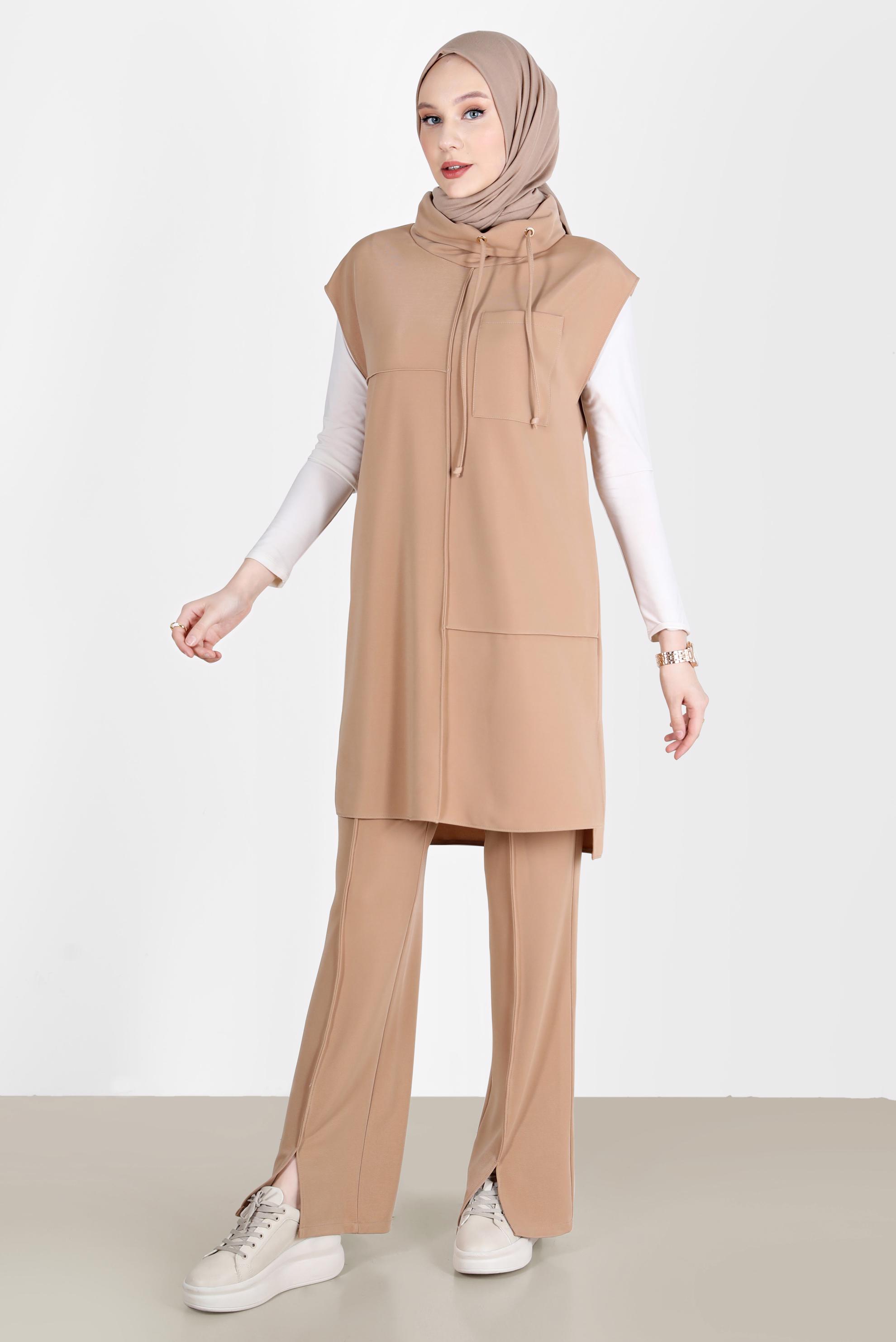 Tesettür giyim KAHVE DÖKÜMLÜ YAKA YIRTMAÇ DETAYLI İKİLİ PANT. TAKIM 42706	