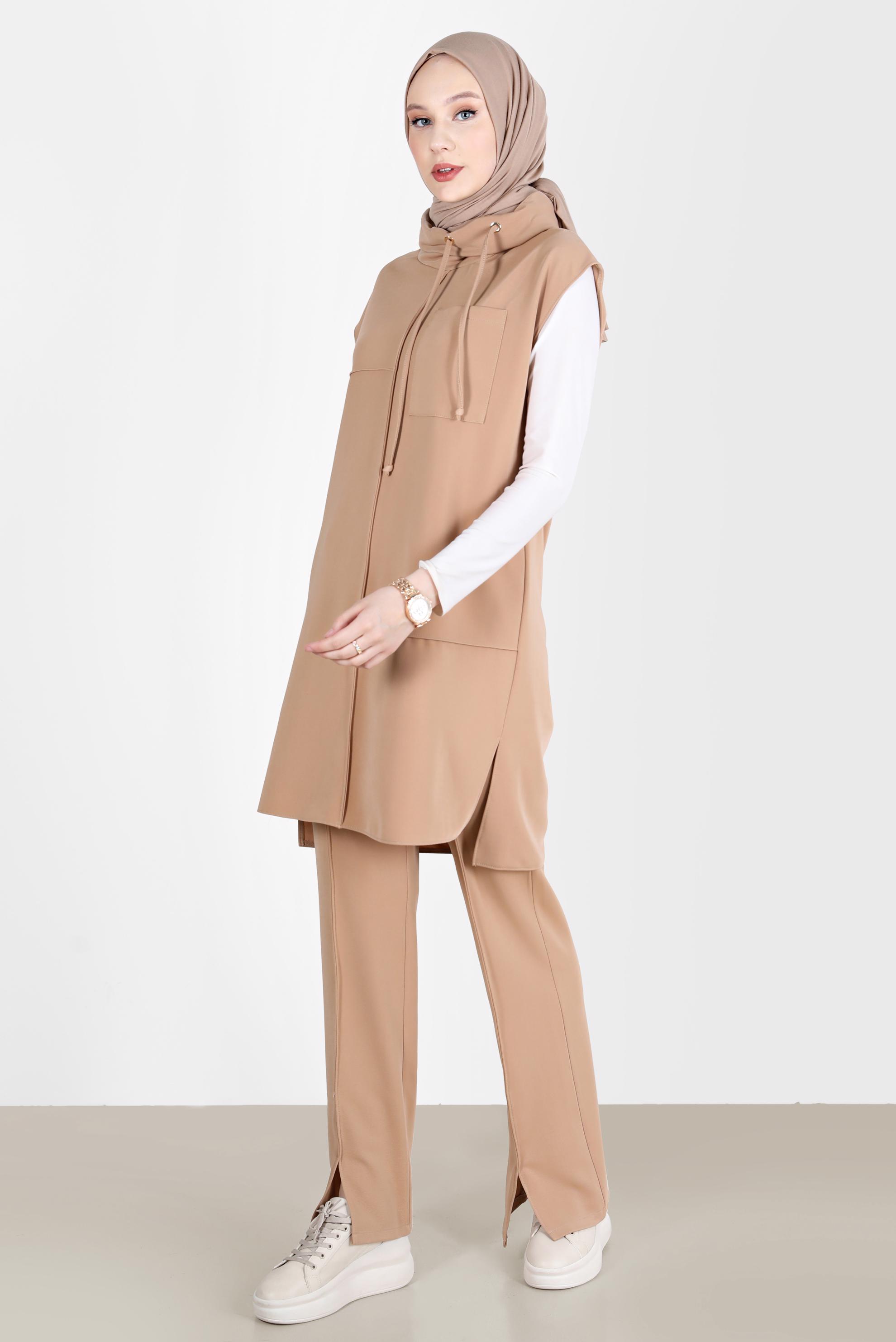 Tesettür giyim KAHVE DÖKÜMLÜ YAKA YIRTMAÇ DETAYLI İKİLİ PANT. TAKIM 42706	