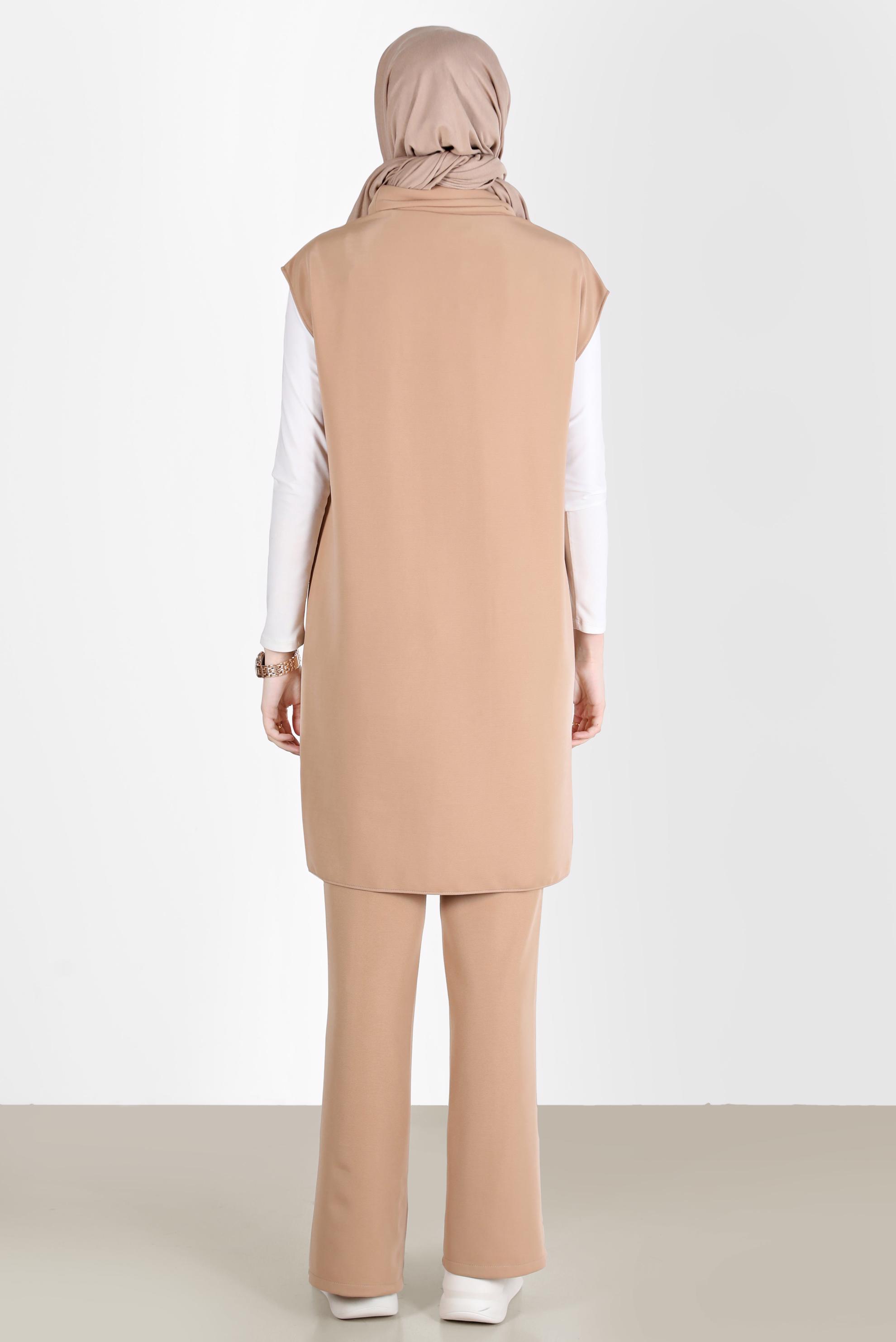 Tesettür giyim KAHVE DÖKÜMLÜ YAKA YIRTMAÇ DETAYLI İKİLİ PANT. TAKIM 42706	