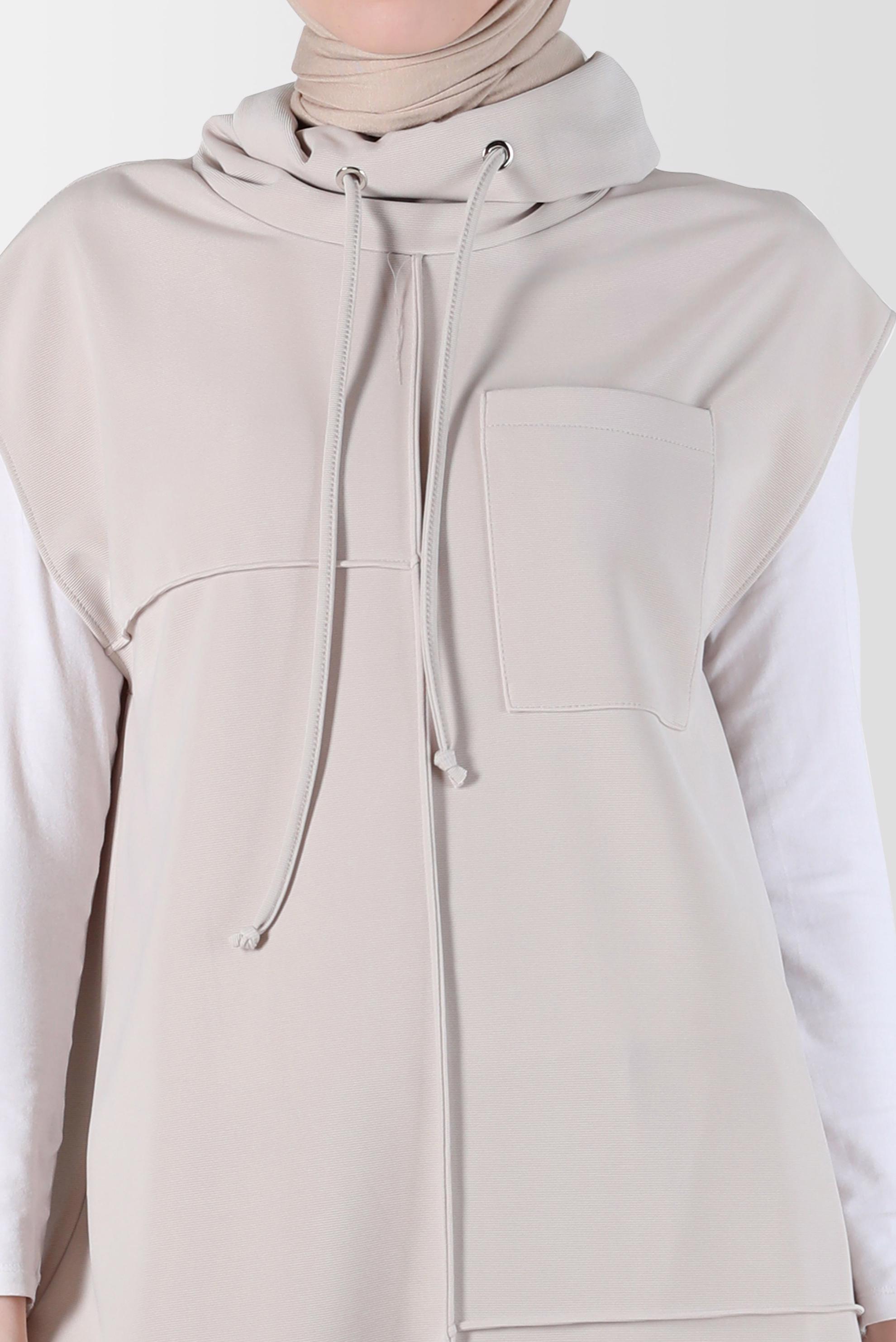 Tesettür giyim BEJ DÖKÜMLÜ YAKA YIRTMAÇ DETAYLI İKİLİ PANT. TAKIM 42706	