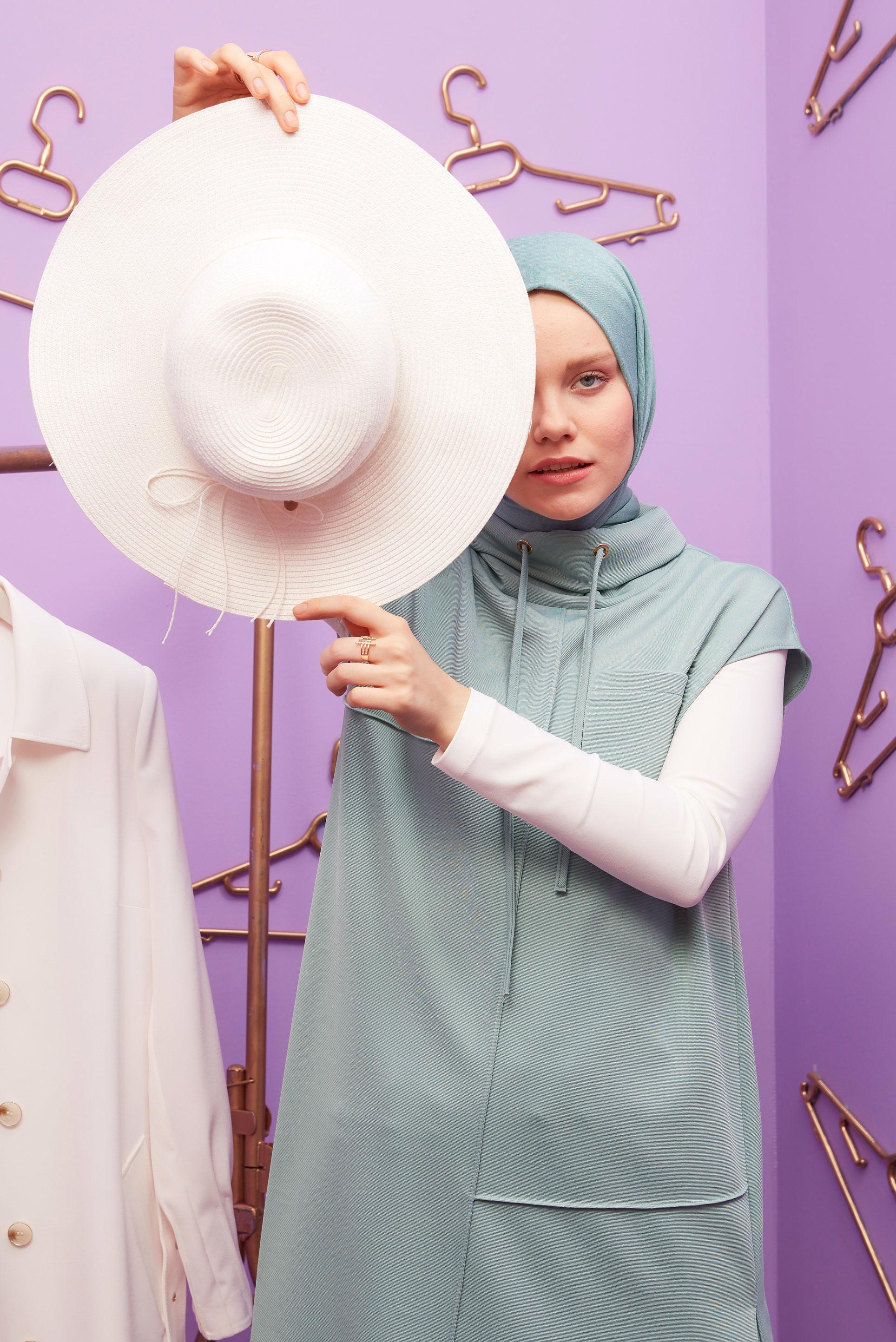 Tesettür giyim MAVİ DÖKÜMLÜ YAKA YIRTMAÇ DETAYLI İKİLİ PANT. TAKIM 42706	