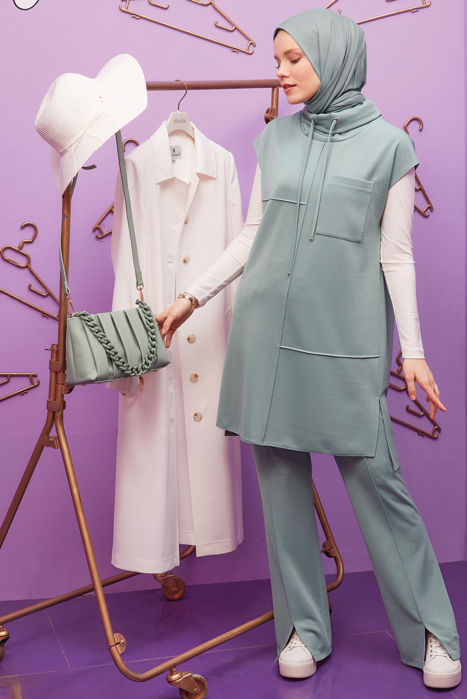 Tesettür giyim MAVİ DÖKÜMLÜ YAKA YIRTMAÇ DETAYLI İKİLİ PANT. TAKIM 42706	