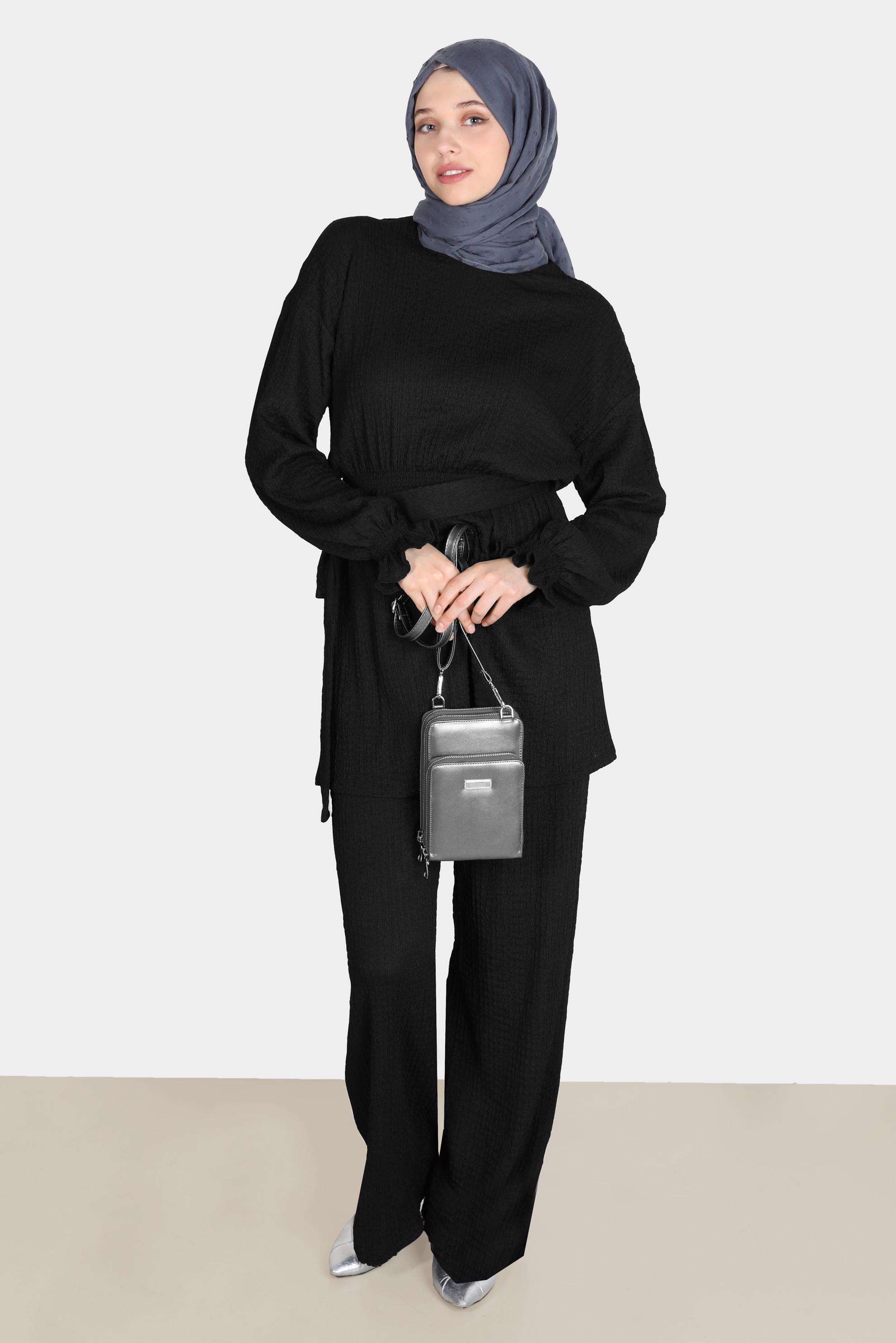 Tesettür giyim SİYAH WAFFLE EFEKTLİ İKİLİ PANT. TAKIM 42716 