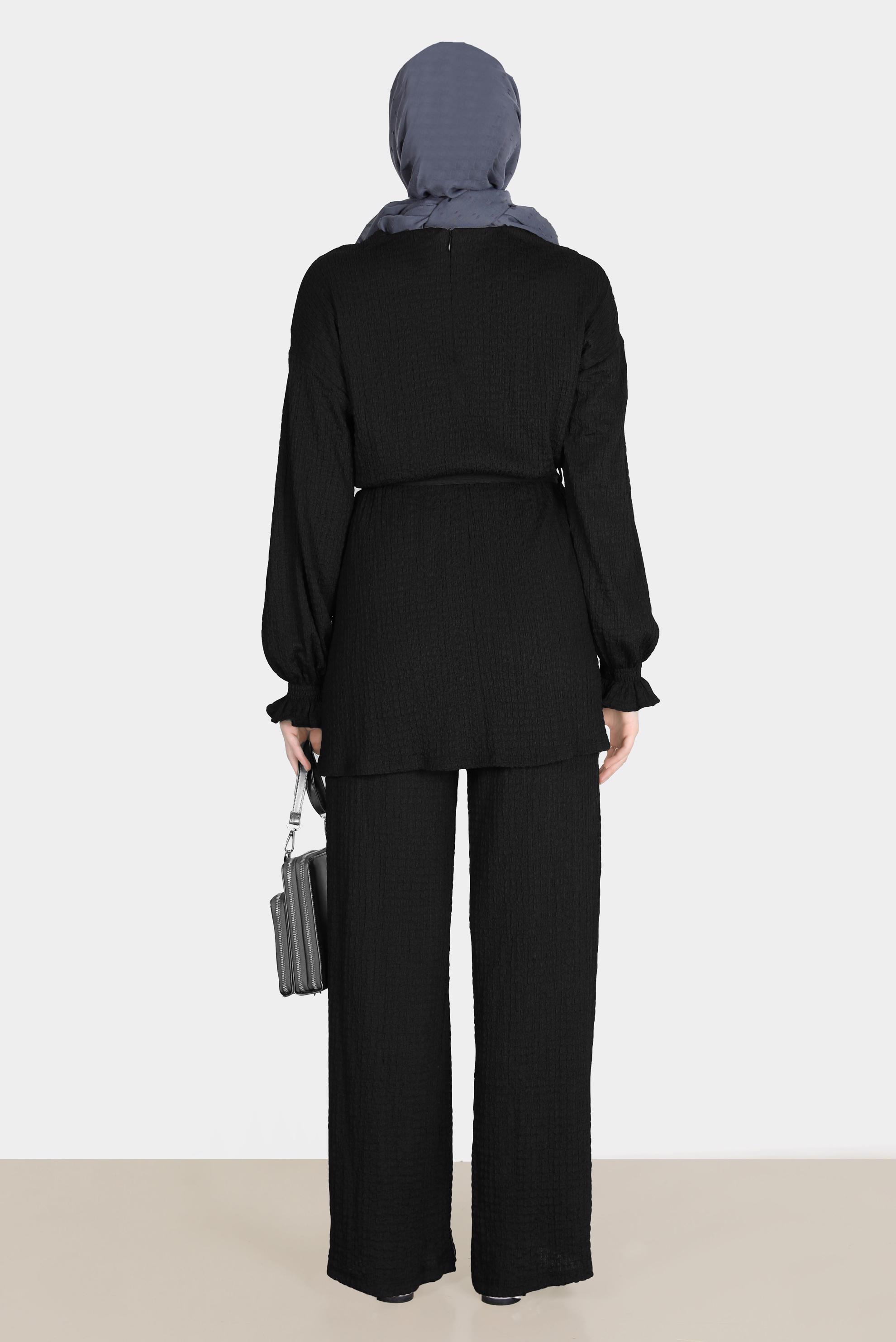 Tesettür giyim SİYAH WAFFLE EFEKTLİ İKİLİ PANT. TAKIM 42716 