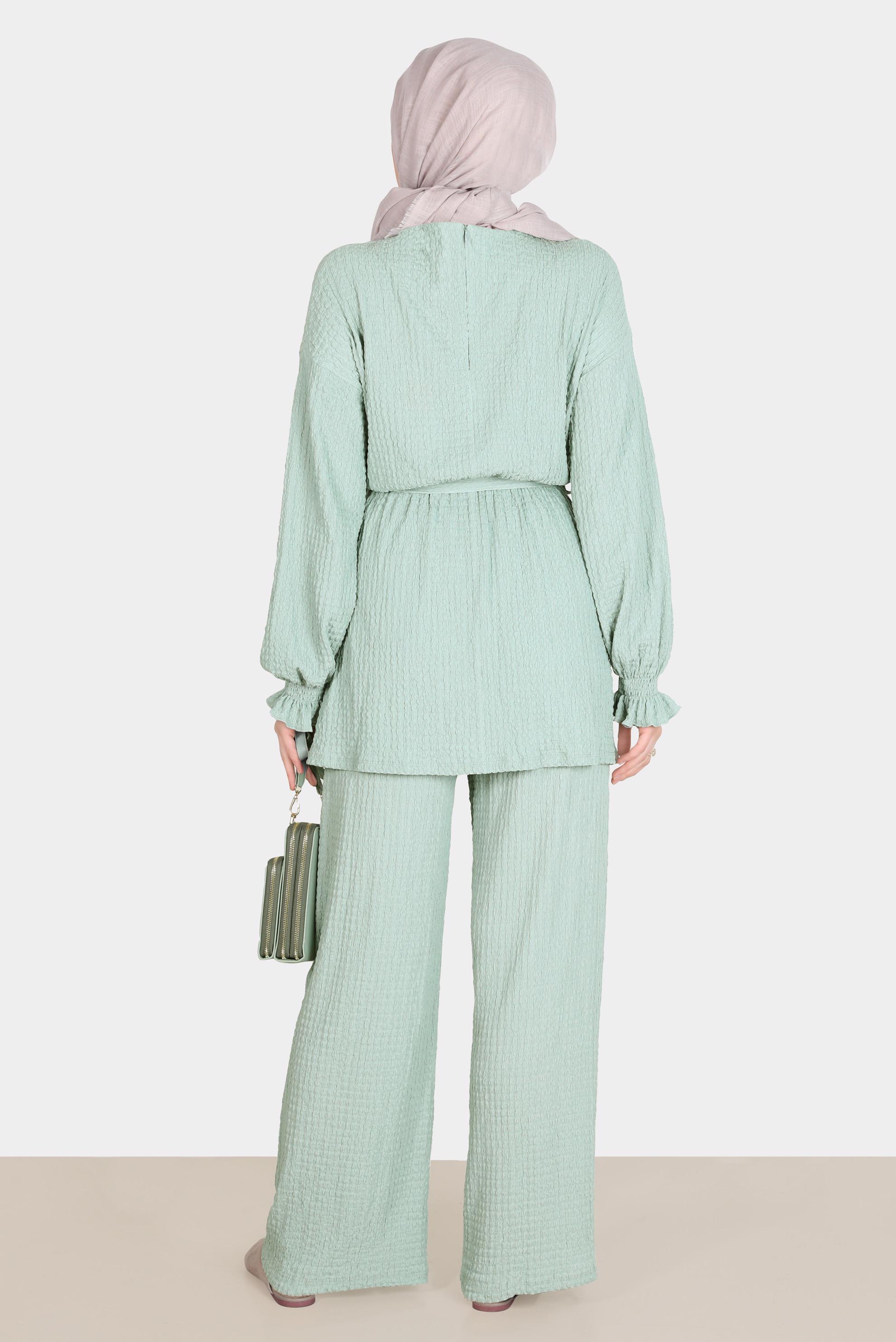 Tesettür giyim YEŞİL WAFFLE EFEKTLİ İKİLİ PANT. TAKIM 42716 