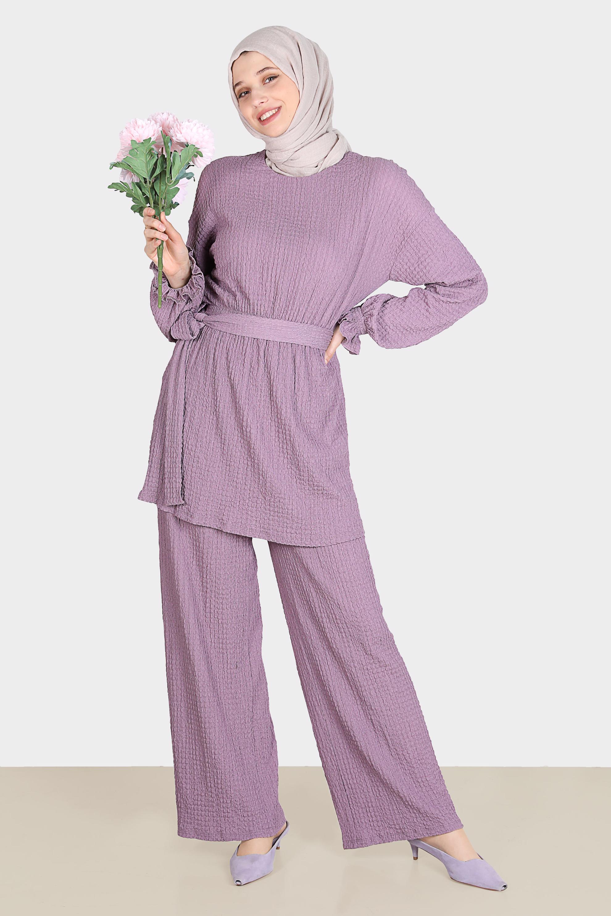 Tesettür giyim MOR WAFFLE EFEKTLİ İKİLİ PANTOLONLU TAKIM 42716 