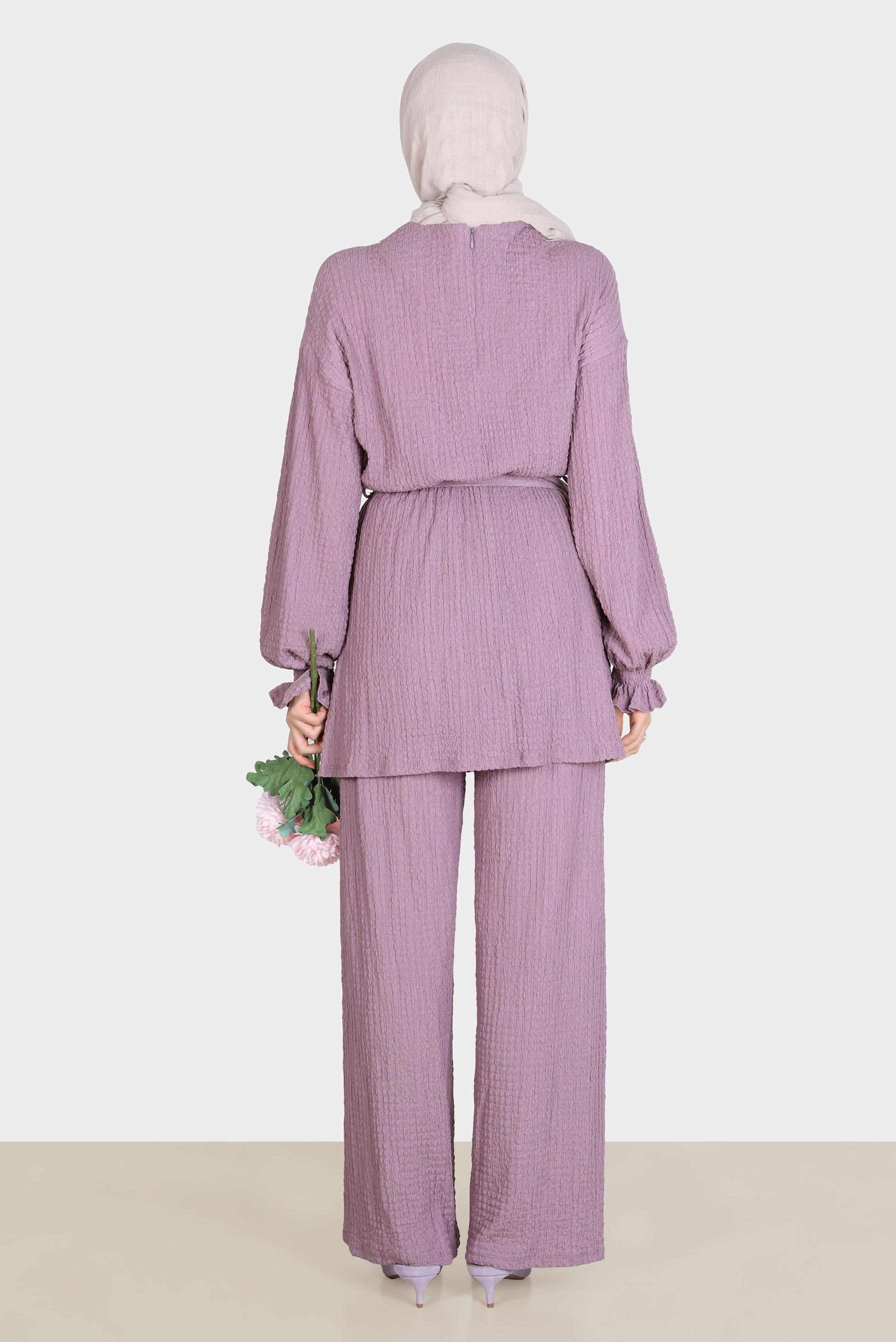 Tesettür giyim MOR WAFFLE EFEKTLİ İKİLİ PANTOLONLU TAKIM 42716 