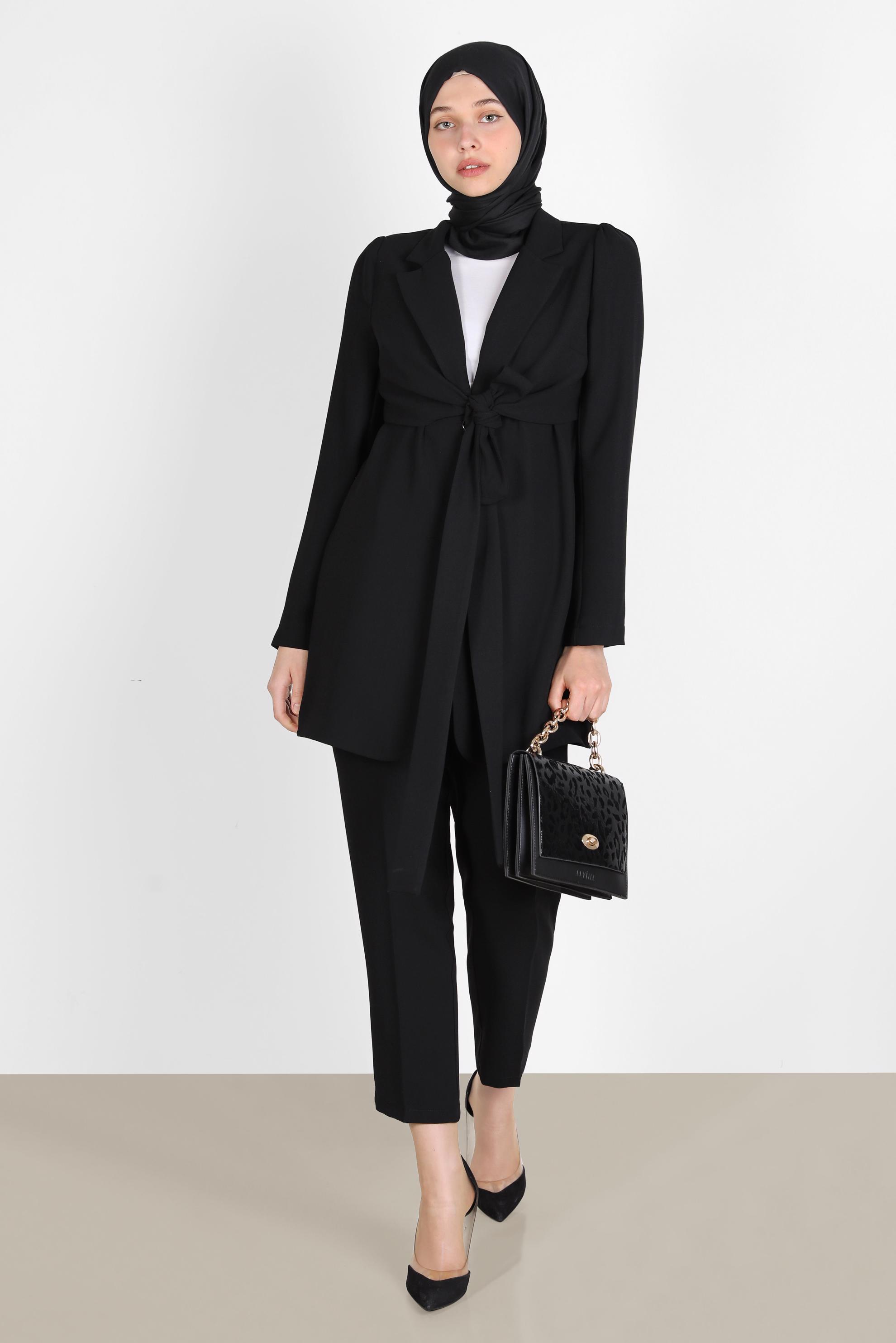 Tesettür giyim SİYAH BAĞLAMA DETAYLI İKİLİ KLASİK PANT. TAKIM 42770 