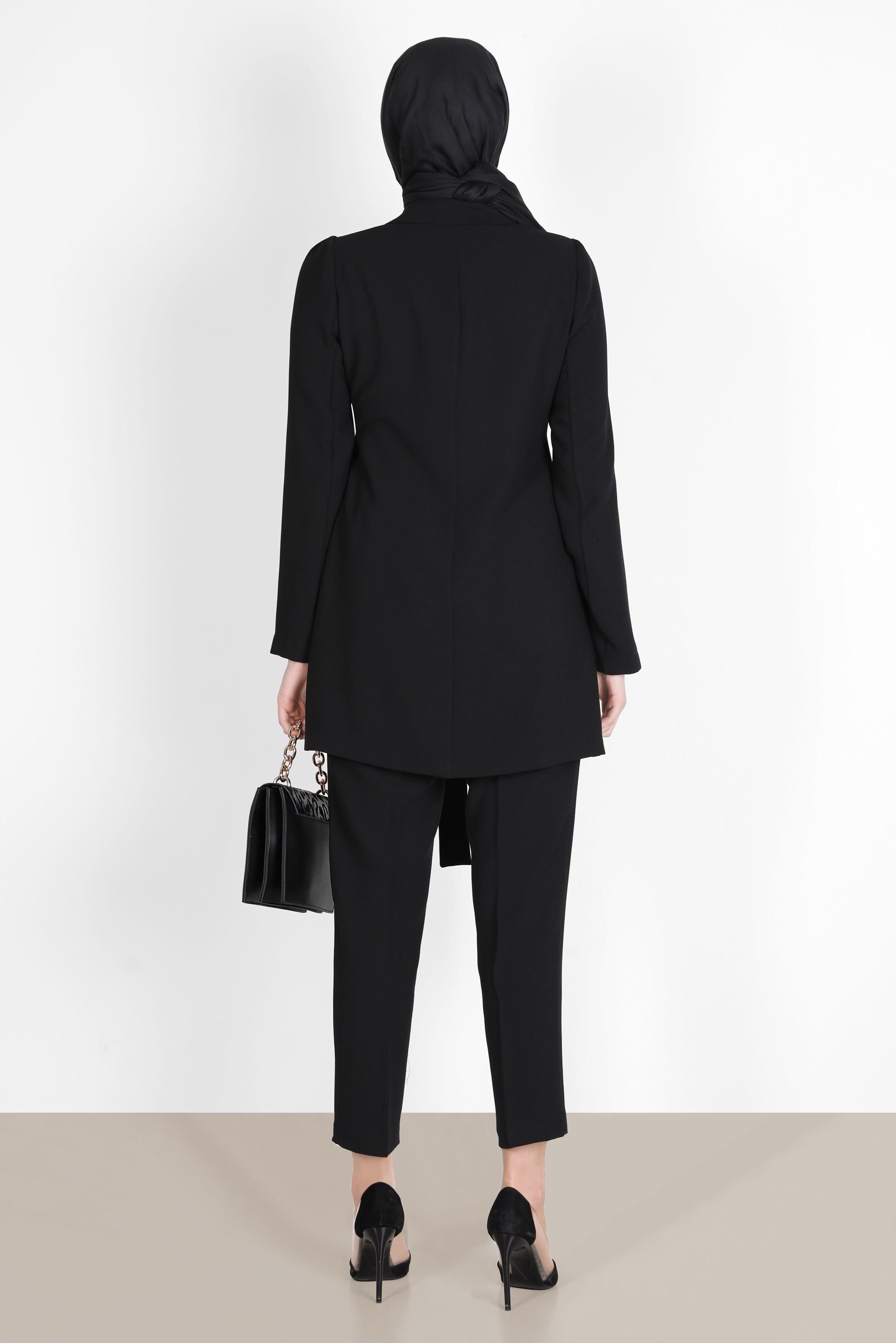 Tesettür giyim SİYAH BAĞLAMA DETAYLI İKİLİ KLASİK PANT. TAKIM 42770 