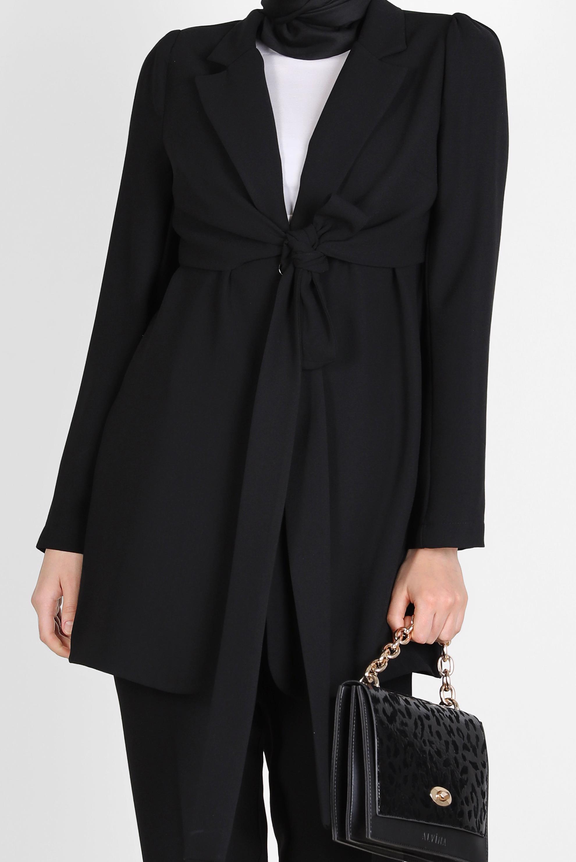 Tesettür giyim SİYAH BAĞLAMA DETAYLI İKİLİ KLASİK PANT. TAKIM 42770 