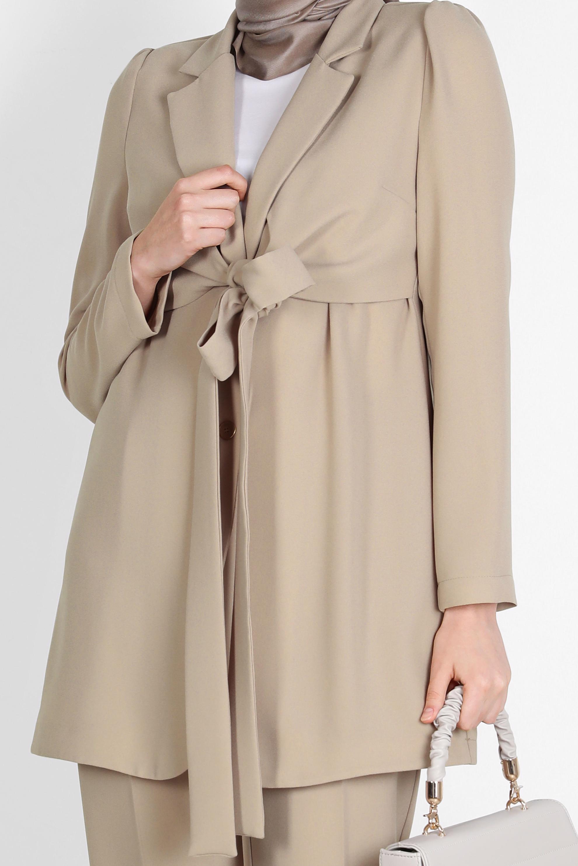 Tesettür giyim BEJ BAĞLAMA DETAYLI İKİLİ KLASİK PANT. TAKIM 42770 