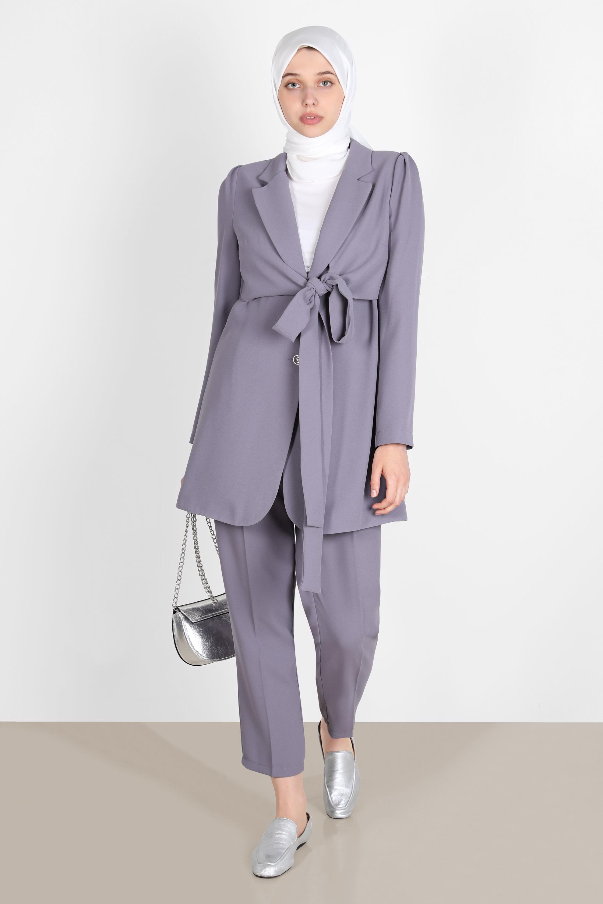 Tesettür giyim MOR BAĞLAMA DETAYLI İKİLİ KLASİK PANT. TAKIM 42770 