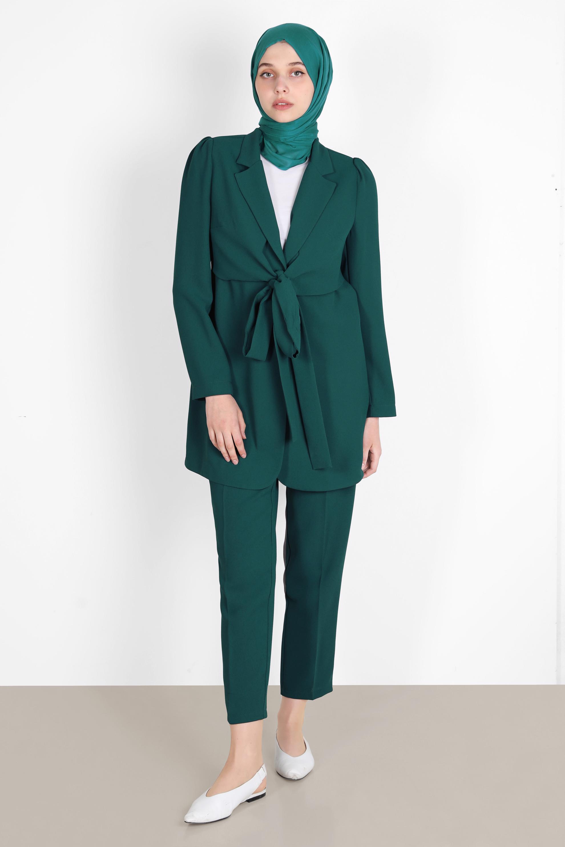 Tesettür giyim YEŞİL BAĞLAMA DETAYLI İKİLİ KLASİK PANT. TAKIM 42770 