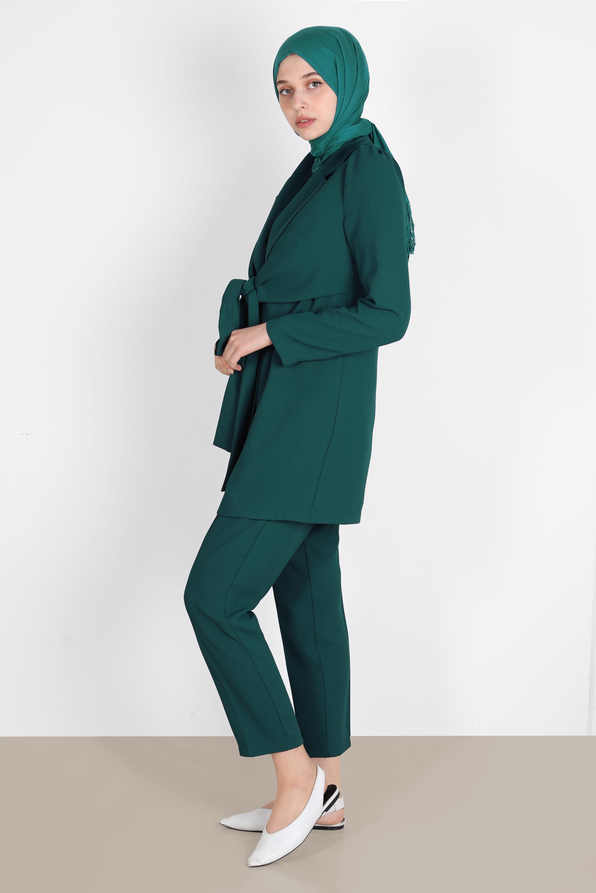 Tesettür giyim YEŞİL BAĞLAMA DETAYLI İKİLİ KLASİK PANT. TAKIM 42770 