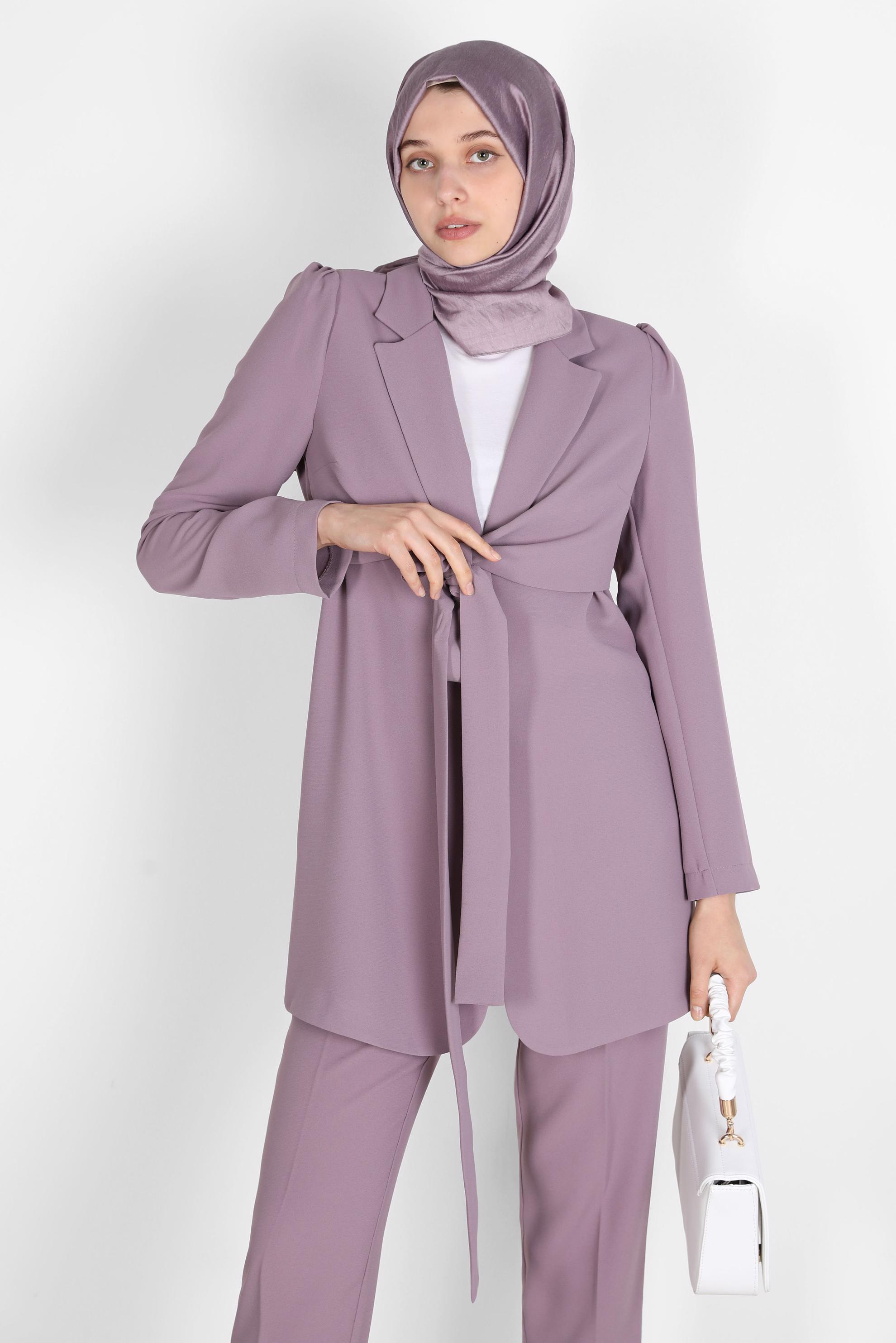Tesettür giyim PEMBE BAĞLAMA DETAYLI İKİLİ KLASİK PANT. TAKIM 42770 