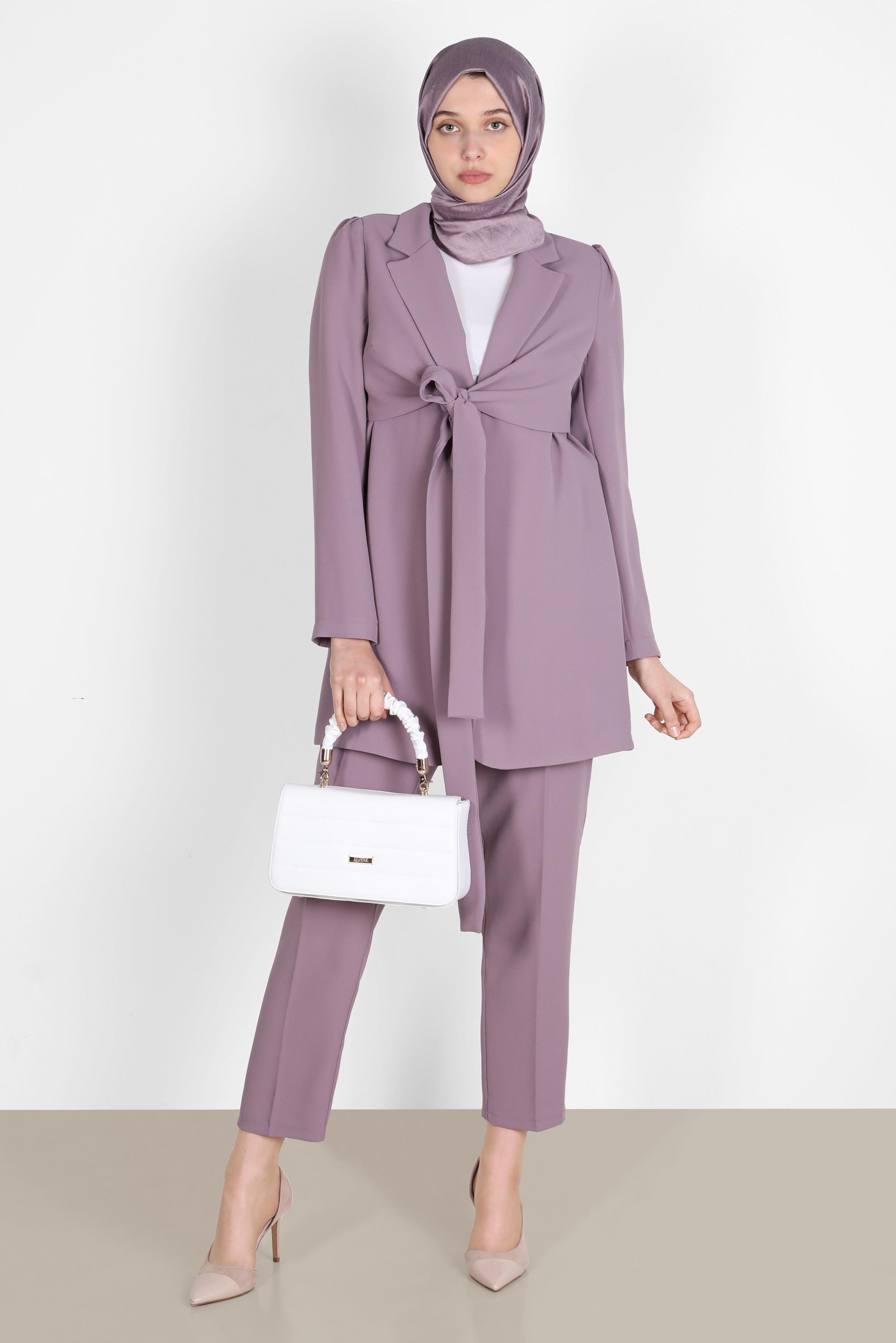 Tesettür giyim PEMBE BAĞLAMA DETAYLI İKİLİ KLASİK PANT. TAKIM 42770 