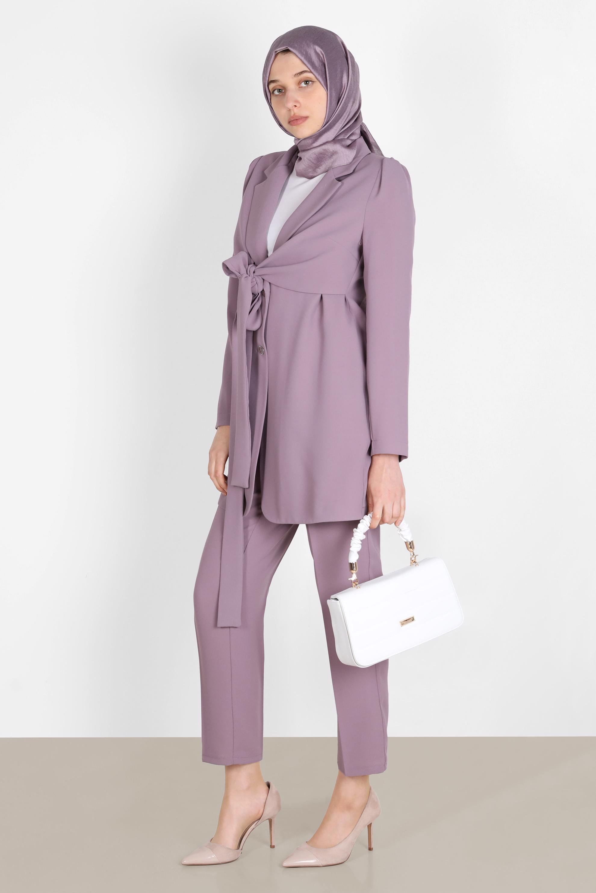 Tesettür giyim PEMBE BAĞLAMA DETAYLI İKİLİ KLASİK PANT. TAKIM 42770 