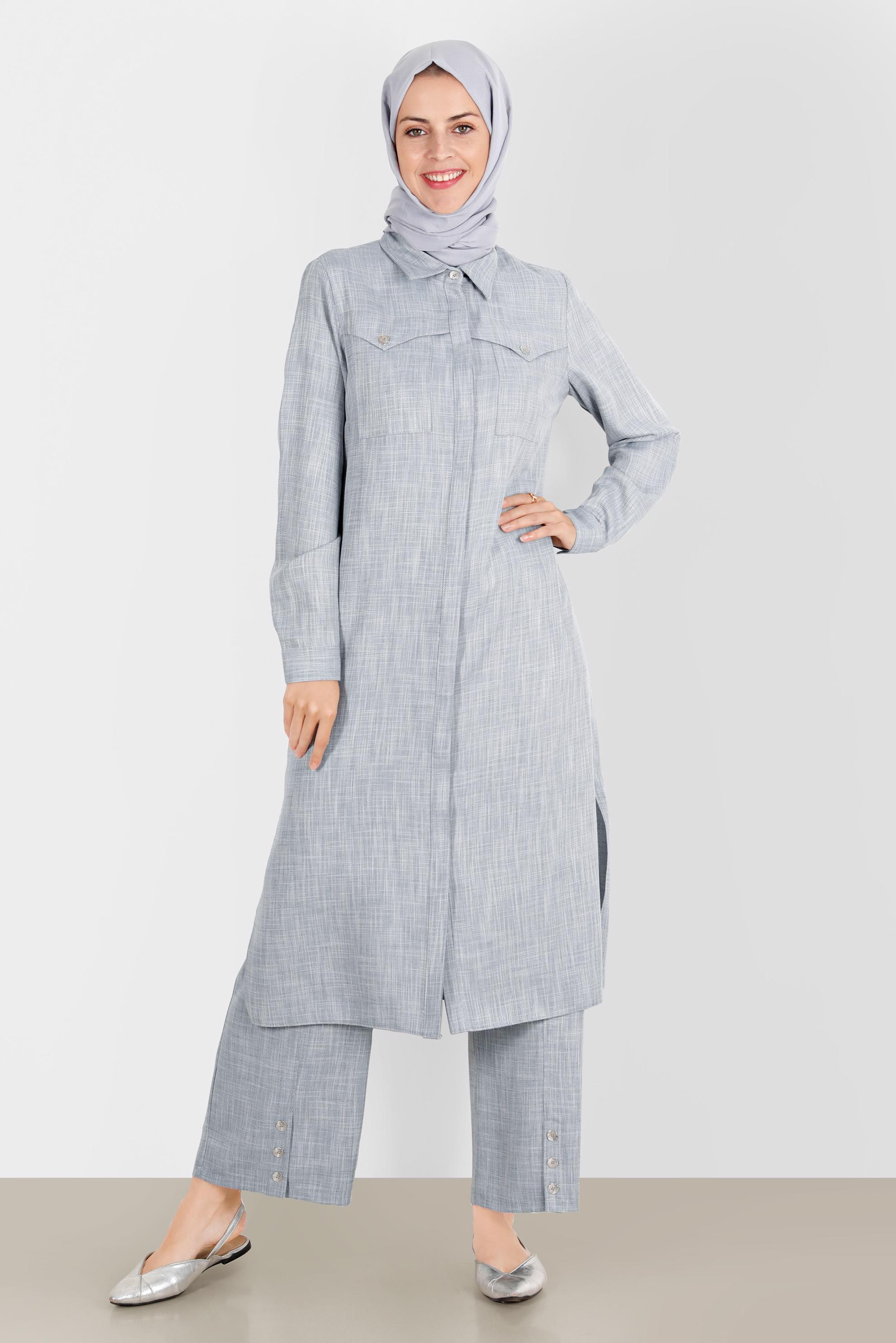 Tesettür giyim MAVİ KETEN GÖRÜNÜMLÜ İKİLİ PANT. TAKIM 42829 