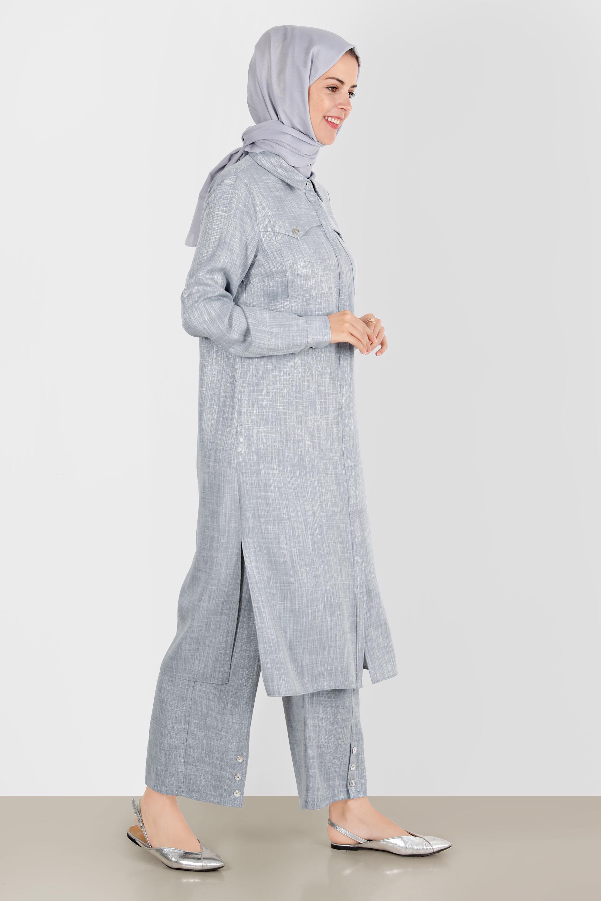Tesettür giyim MAVİ KETEN GÖRÜNÜMLÜ İKİLİ PANT. TAKIM 42829 