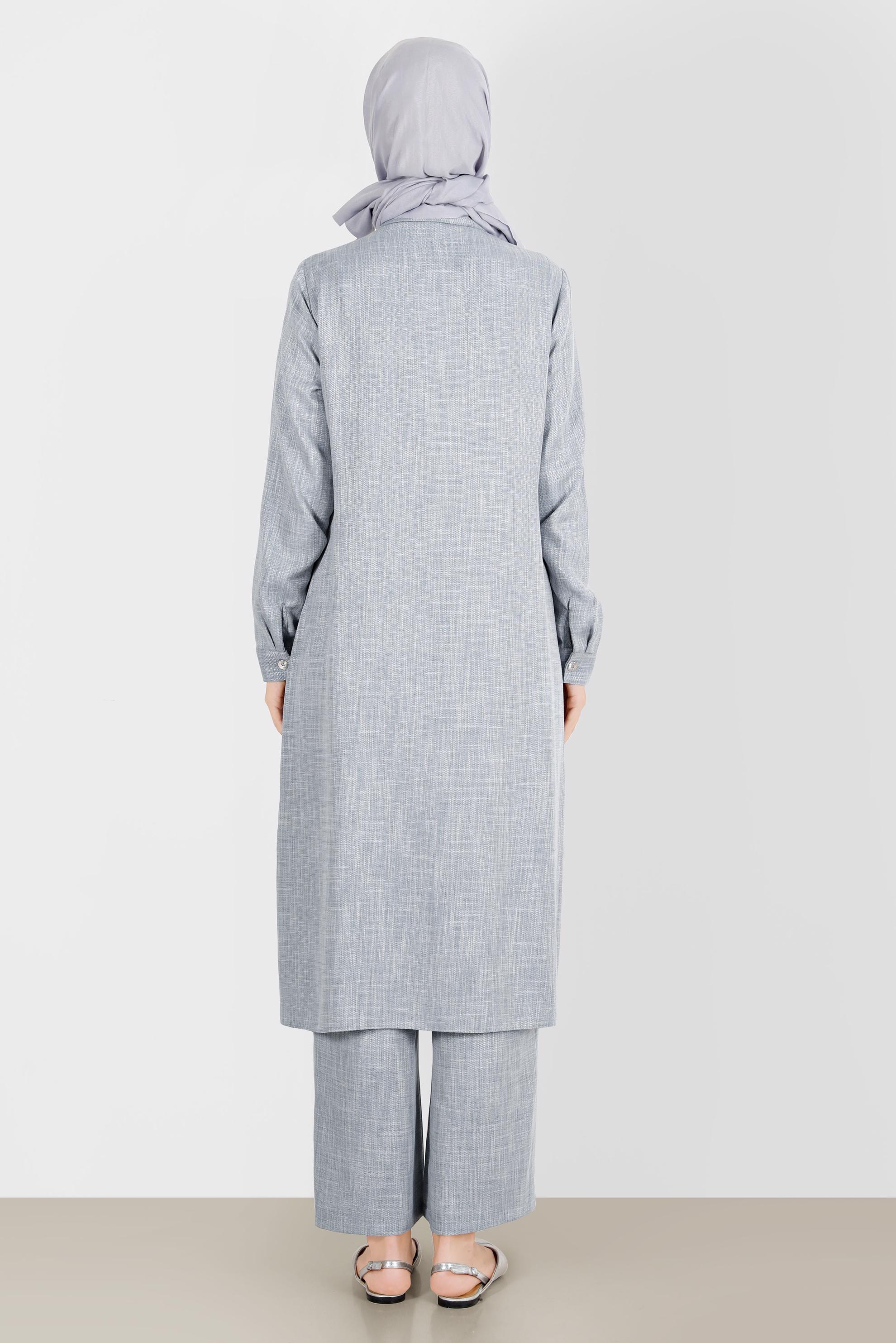 Tesettür giyim MAVİ KETEN GÖRÜNÜMLÜ İKİLİ PANT. TAKIM 42829 