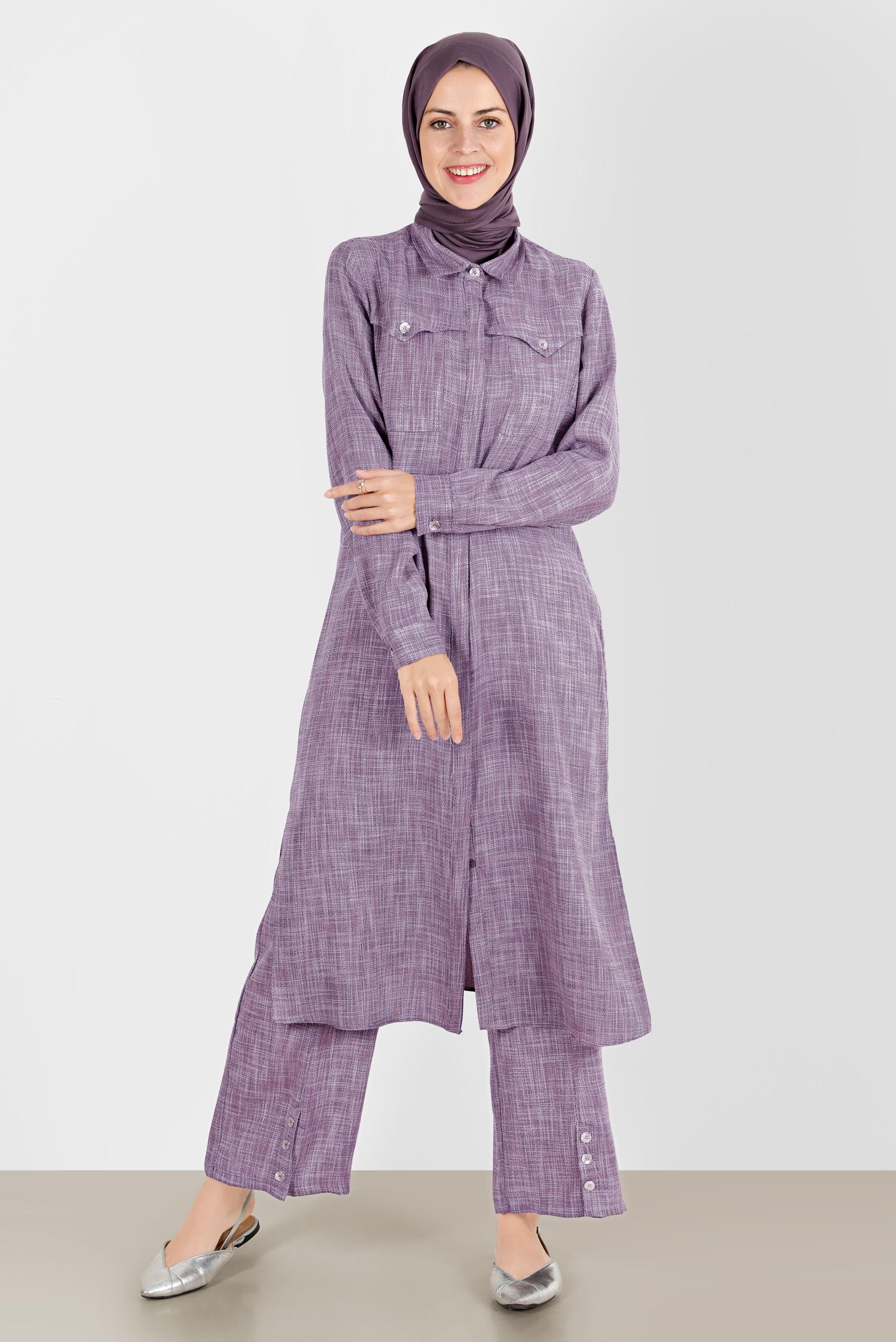 Tesettür giyim MOR KETEN GÖRÜNÜMLÜ İKİLİ PANT. TAKIM 42829 